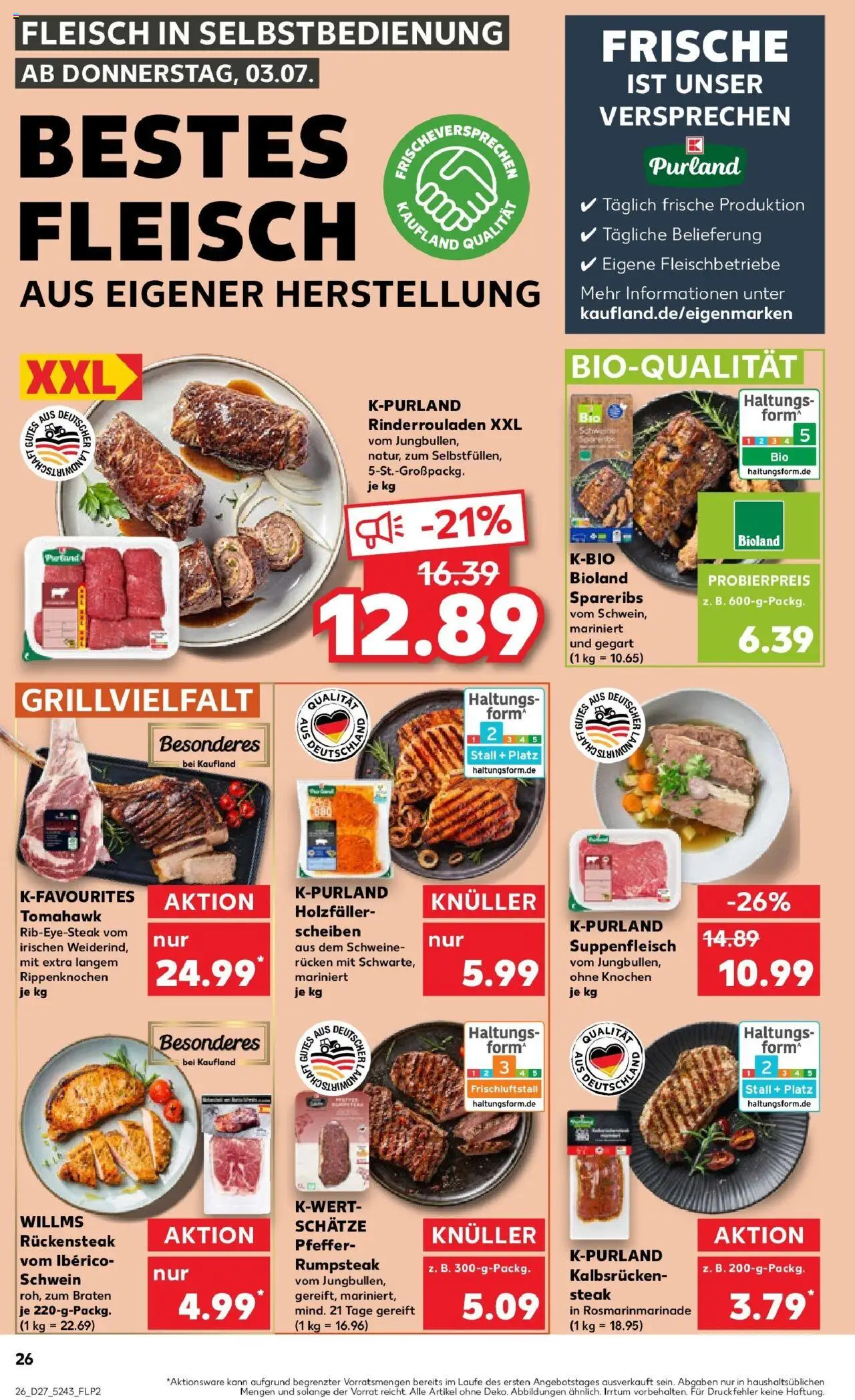 Kaufland prospekt Schwäbisch Gmünd	 - gültig ab dem 03.07.2025 | Seite: 26 | Produkte: Rinderrouladen, Pfeffer, Suppenfleisch, Steak