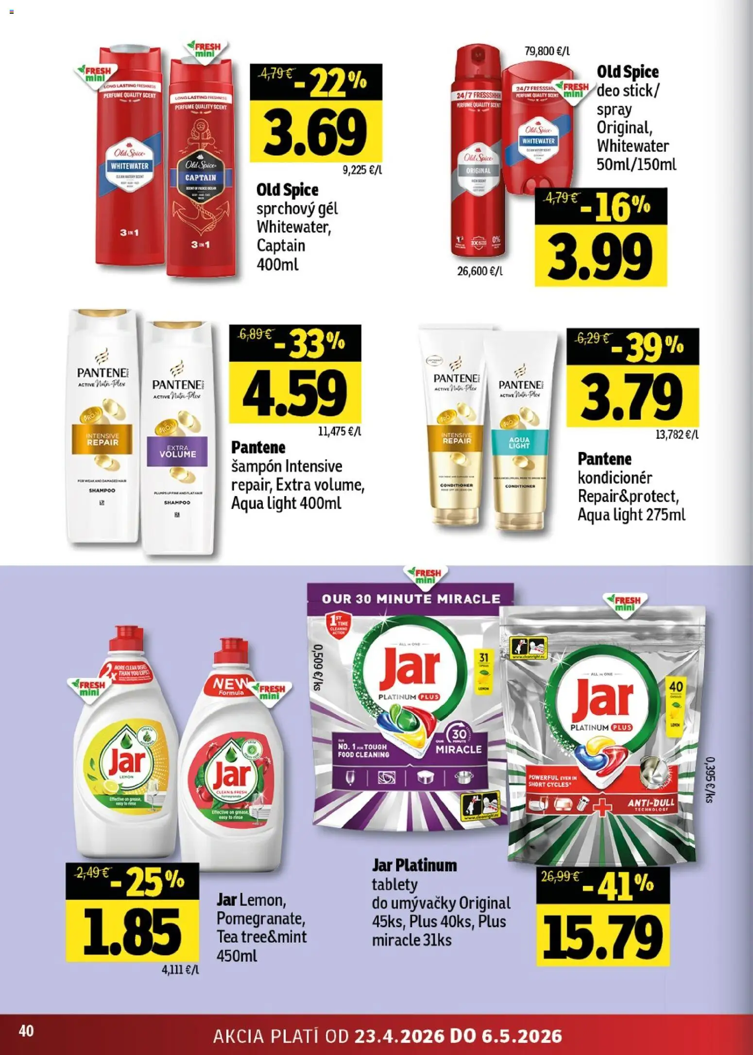Nové Fresh akcie – leták je platný od 23.04.2026 | Strana: 40 | Produkty: Šampón, Kondicionér, Sprchový gél, Jar