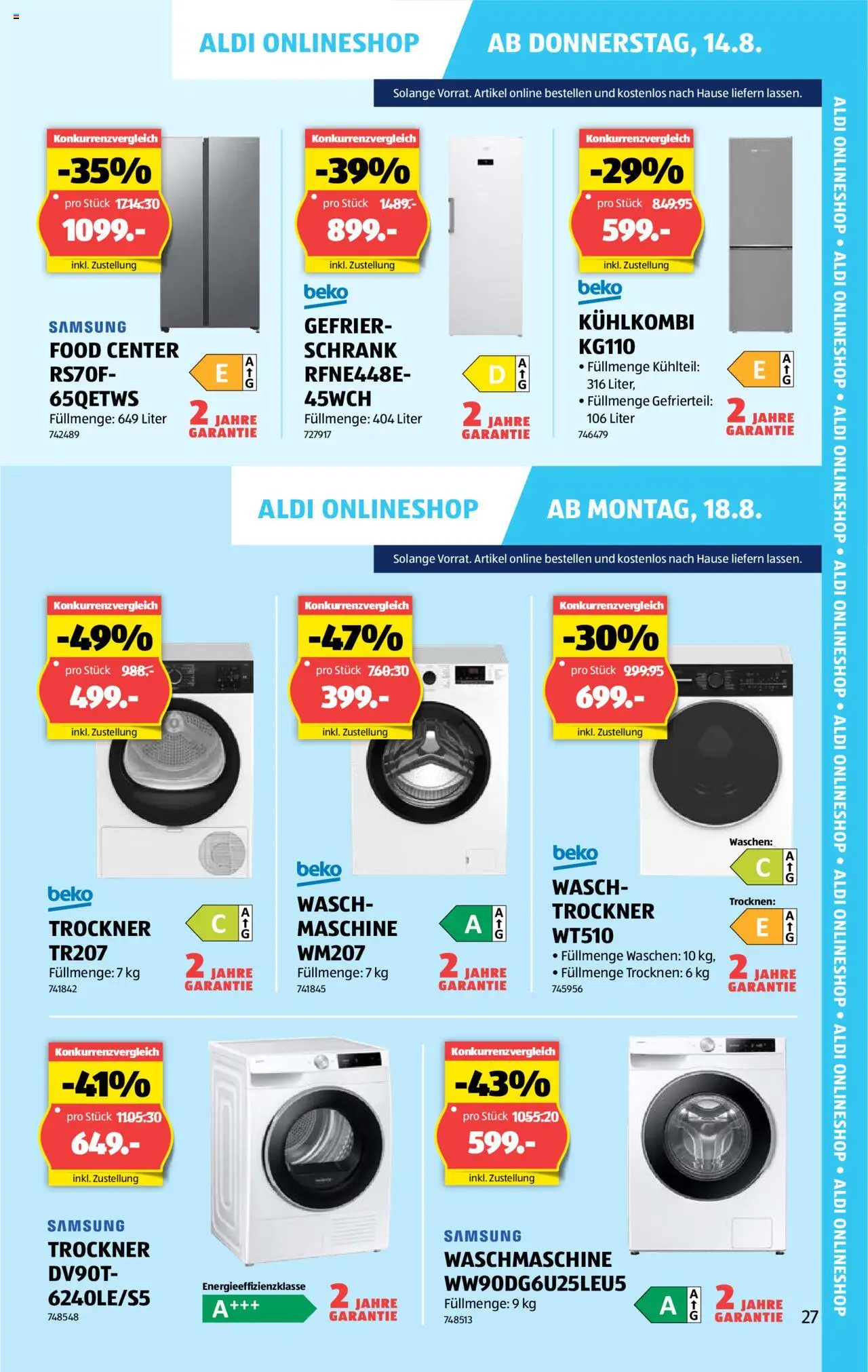 Aldi Aktionen ab 14.08.2025 | Seite: 27 | Produkte: Schrank, Samsung, Waschmaschine, Trockner