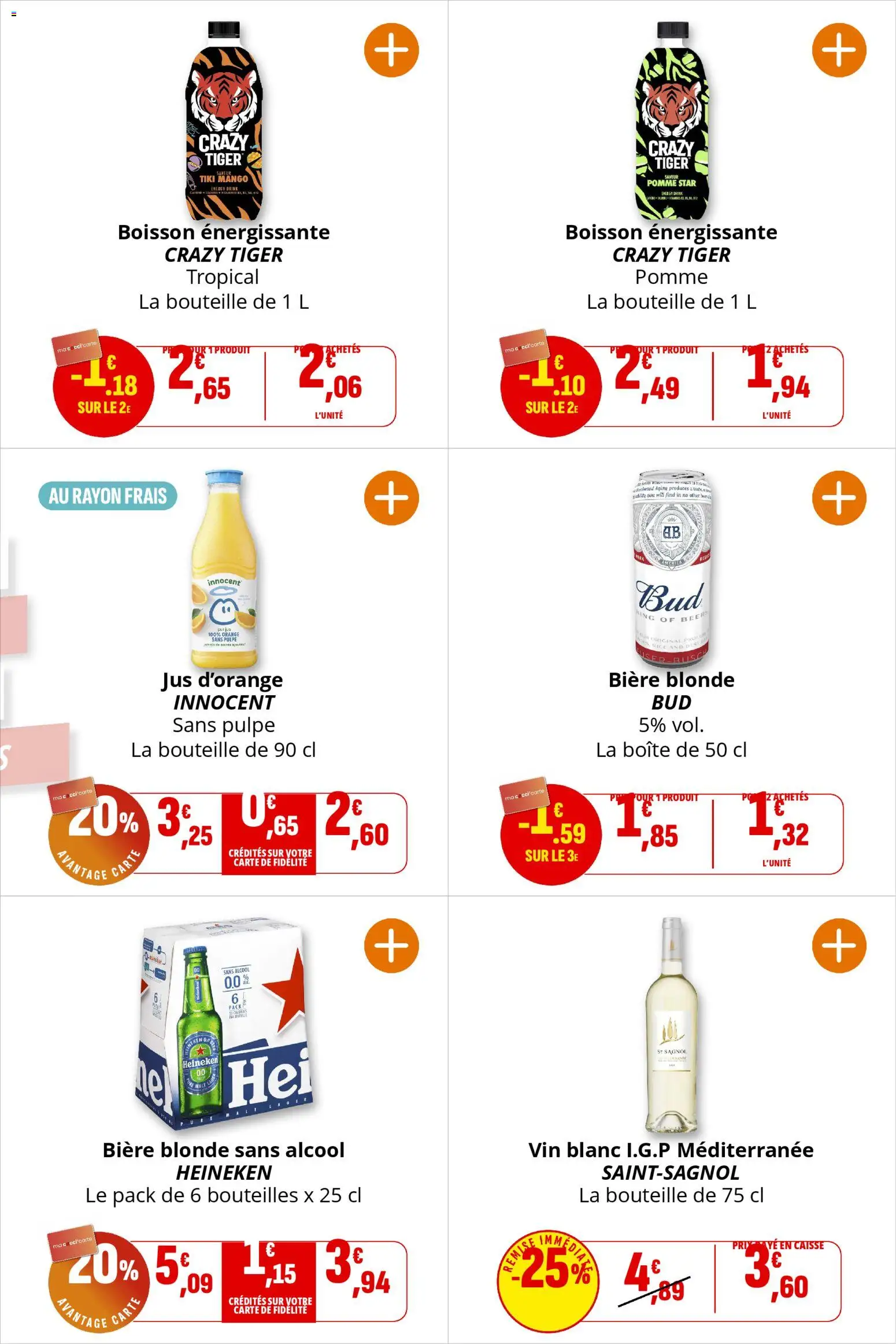 {H1} | Page: 18 | Produits: Jus d'orange, Orange, Pomme, Heineken Bière blonde