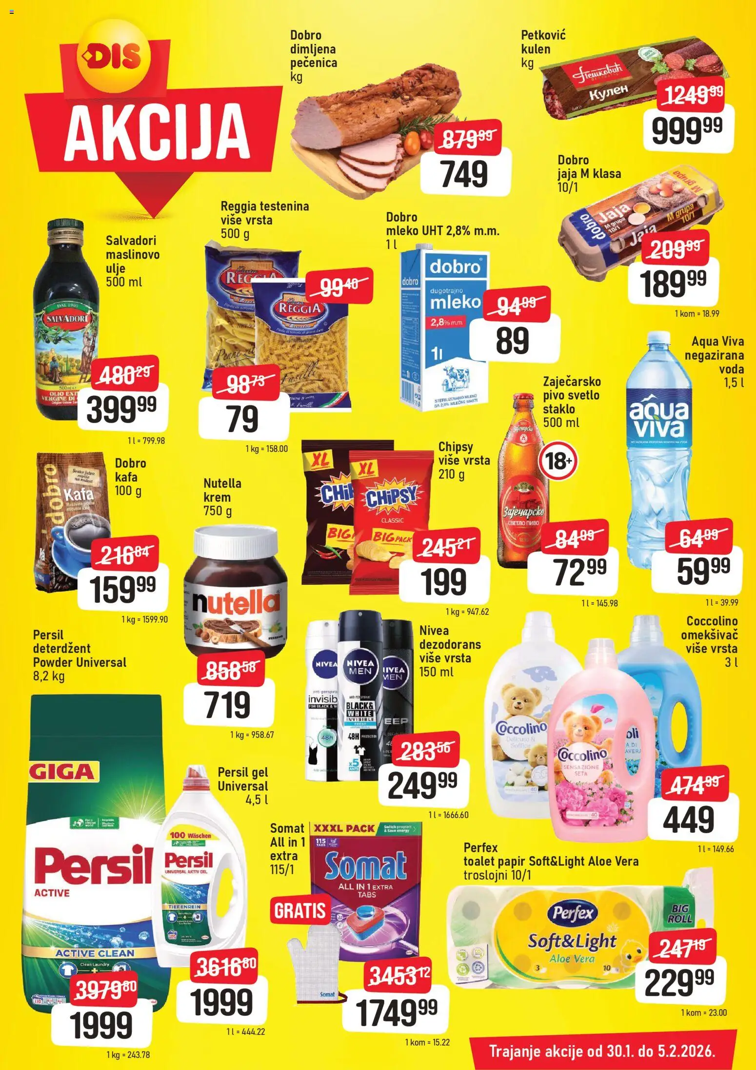 Super DIS katalog - važi od 30.01.2026 | Strana: 2 | Proizvode: Somat, Kulen, Mleko, Nutella