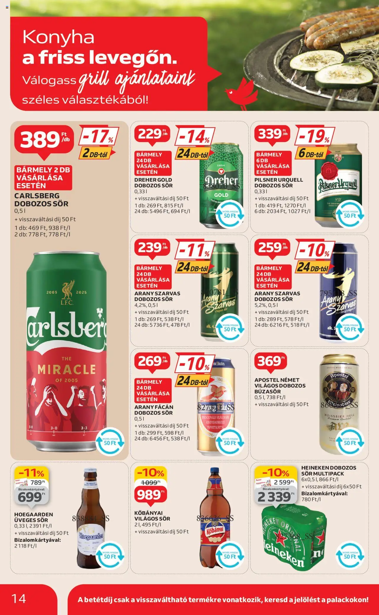 Auchan akciós ujság - amely érvényes a következő dátumtól: 12.06.2025 | Oldal: 14 | Termékek: Búzasör, Heineken, Grill, Sör