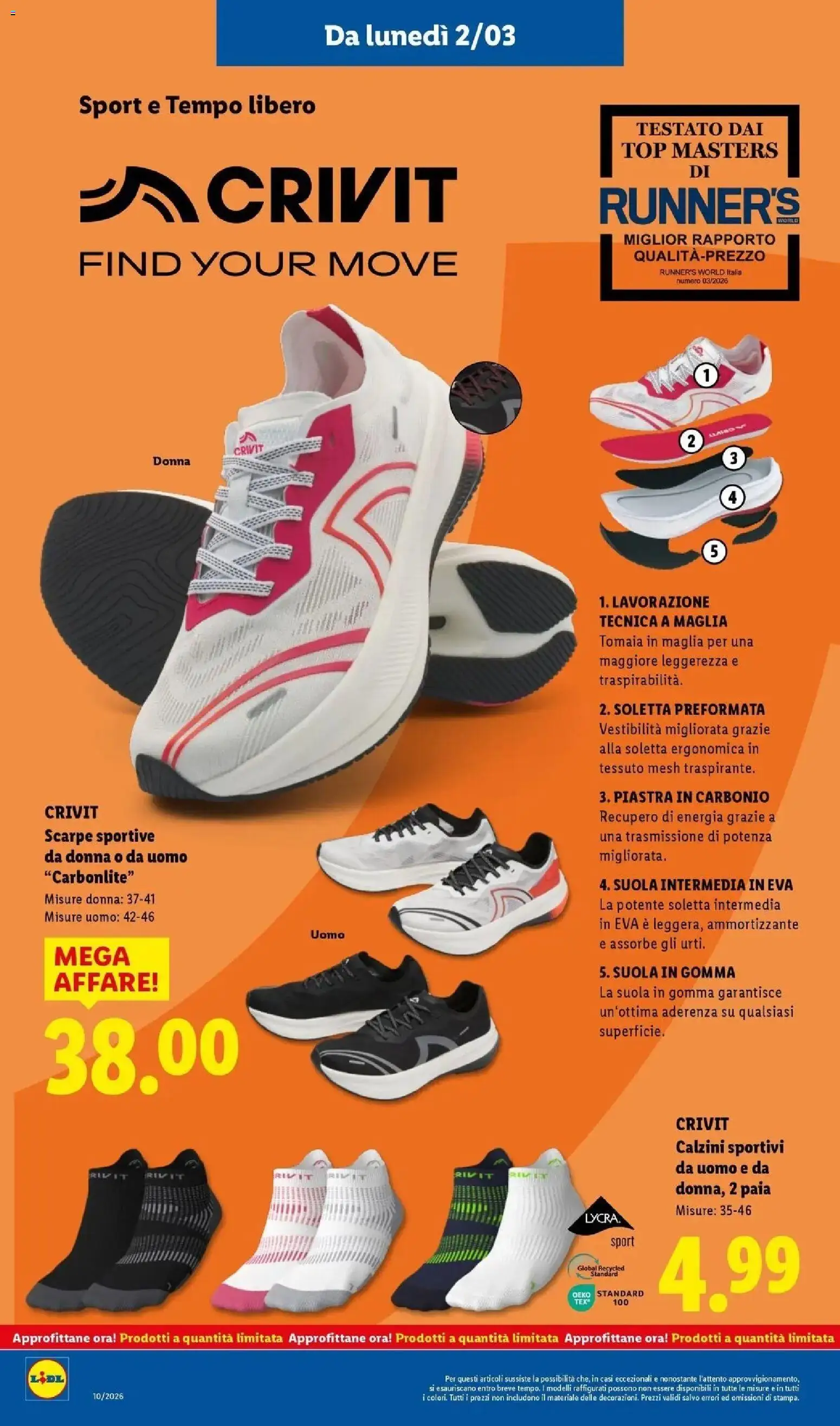 Volantino Lidl del 01.03.2026 | Pagina: 38 | Prodotti: Calzini, Top, Scarpe, Scarpe sportive