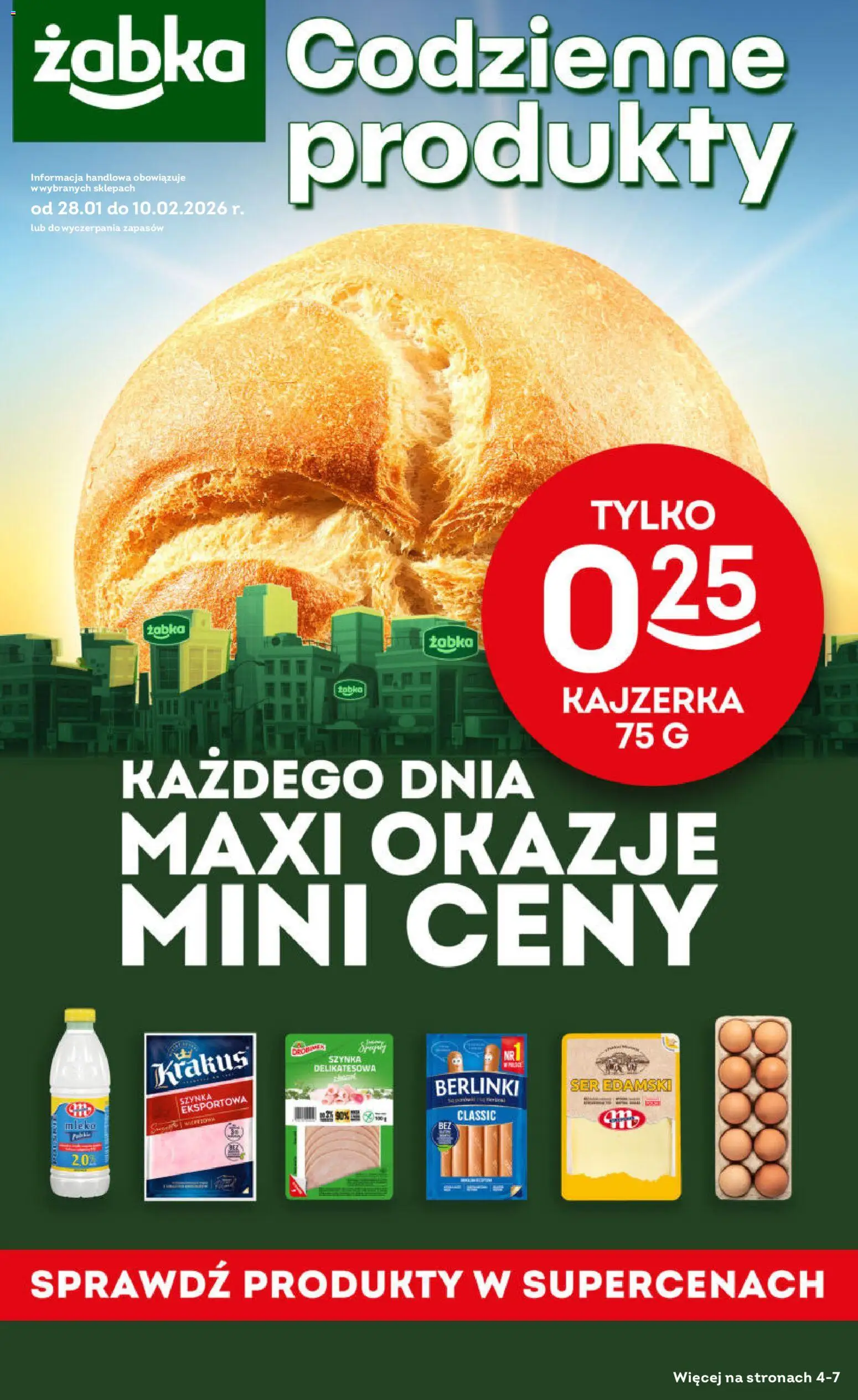 Żabka Gazetka - Codzienne produkty od 28.01.2026 | Strona: 1 | Produkty: Szynka, Mleko, Ser, Ser edamski