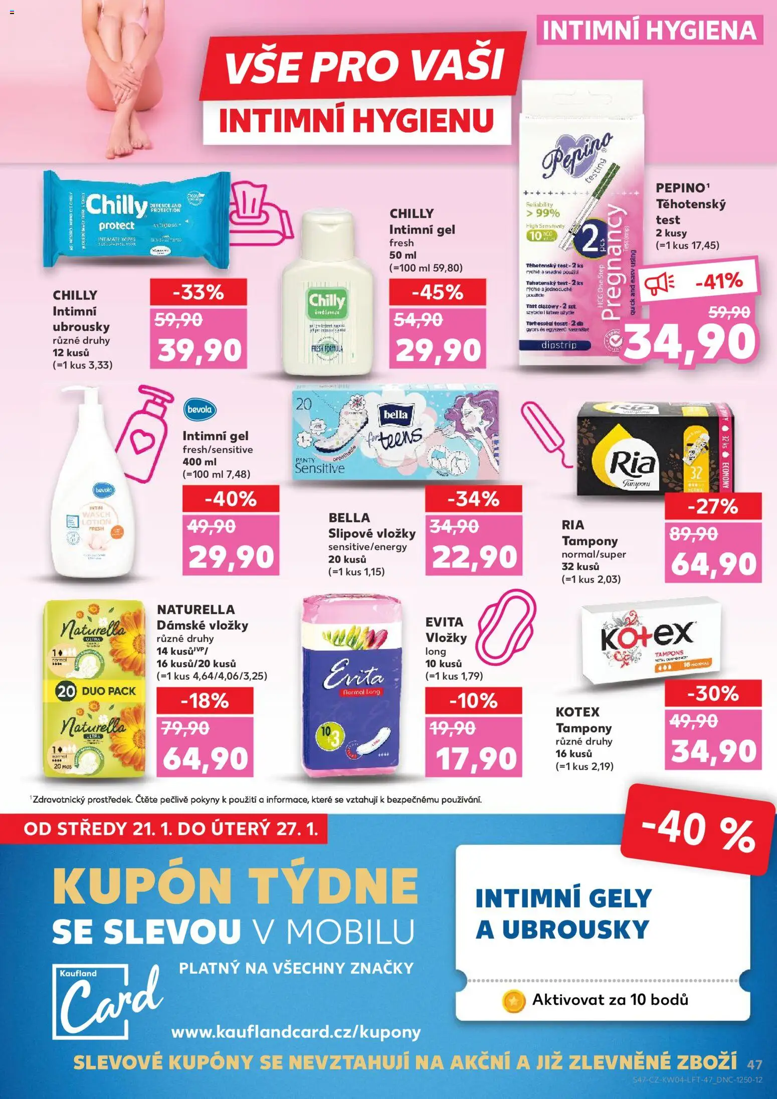 Kaufland leták - Plzeň od 21.01.2026 | Strana: 47 | Produkty: Vložky, Bevola, Těhotenský test, Tampony