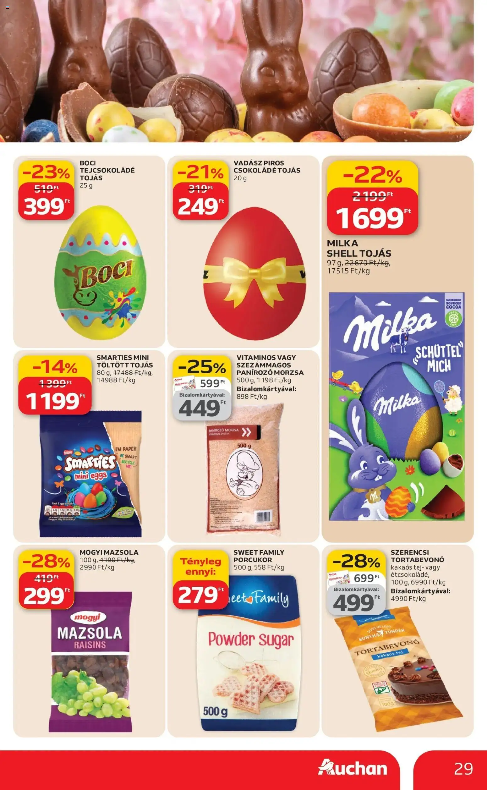 Auchan akciós ujság - amely érvényes a következő dátumtól: 12.03.2026 | Oldal: 29 | Termékek: Tejcsokoládé, Tortabevonó, Kakaós tej, Mazsola