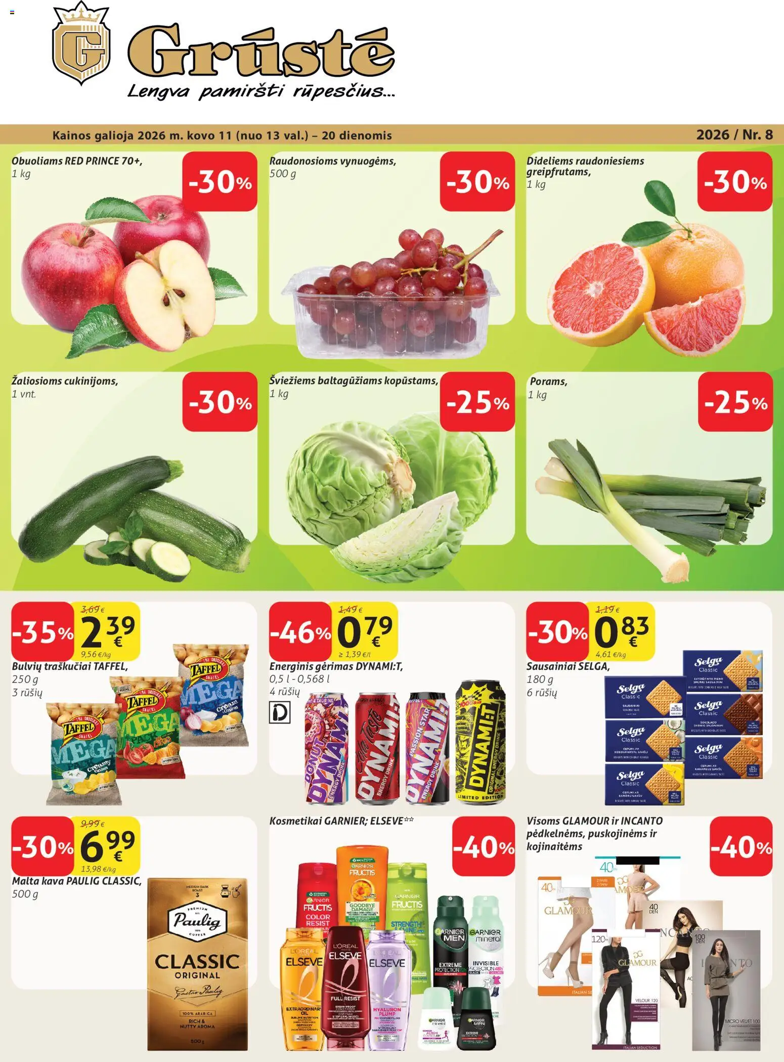 GRUSTE akcijos nuo 11.03.2026 | Puslapis: 1 | Prekių: Sausainiai, Energinis gėrimas, Kava, Traškučiai