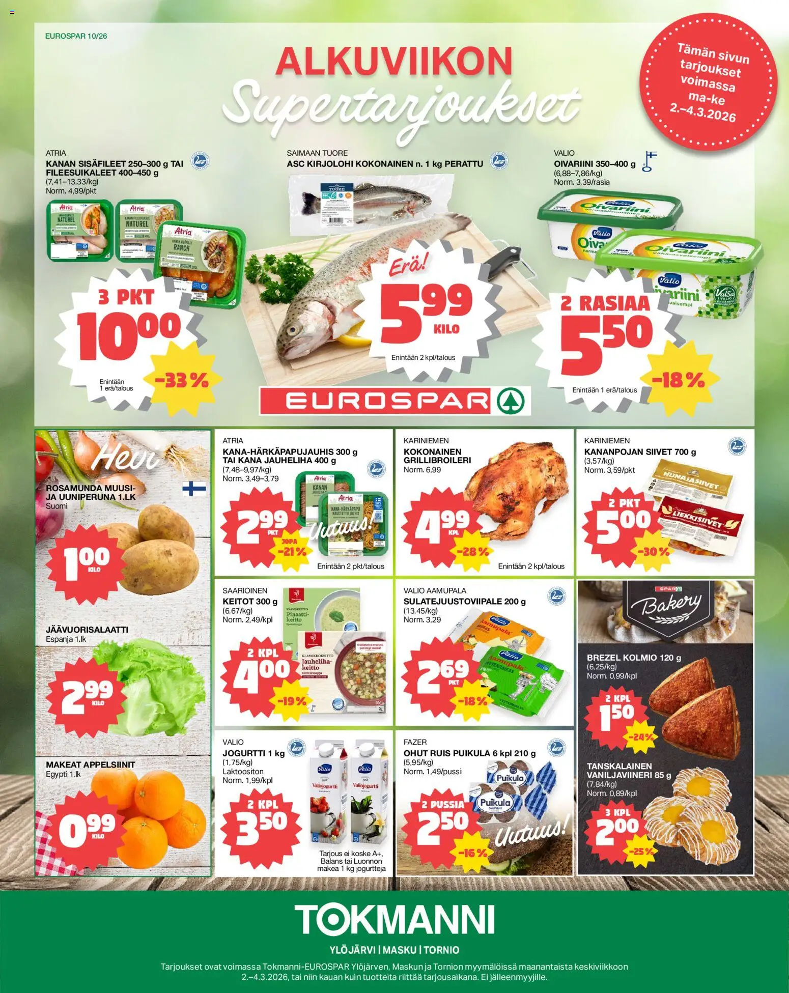 Tokmanni - EUROSPAR – voimassa 02.03.2026 alkaen | Sivu: 1 | Tuotteet: Jäävuorisalaatti, Kana, Keitto, Pinaatti