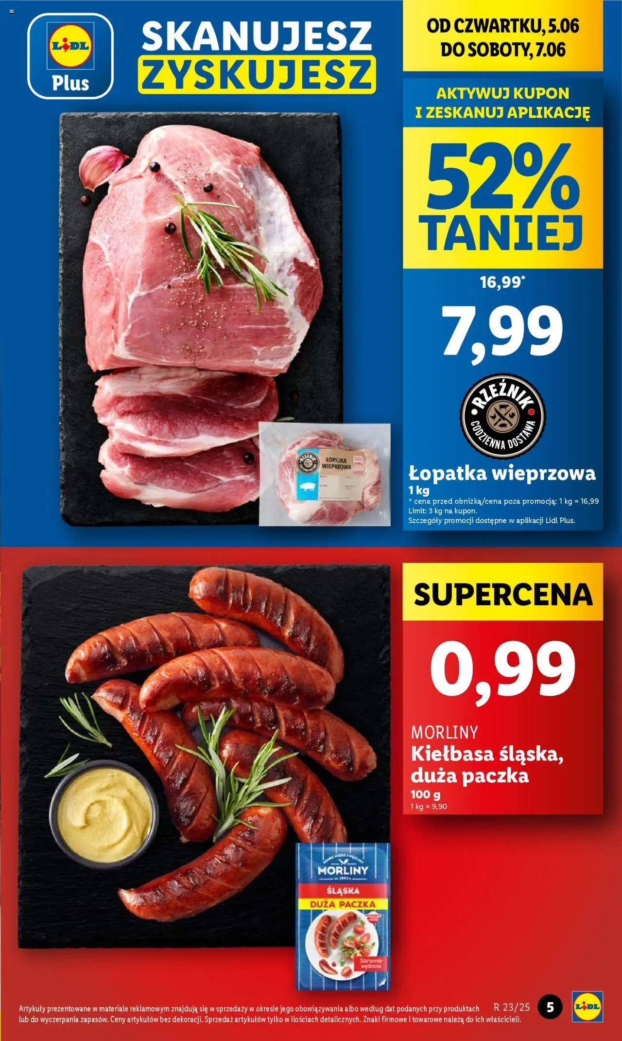 Lidl Gazetka od 05.06.2025 | Strona: 5 | Produkty: Kiełbasa, Łopatka wieprzowa