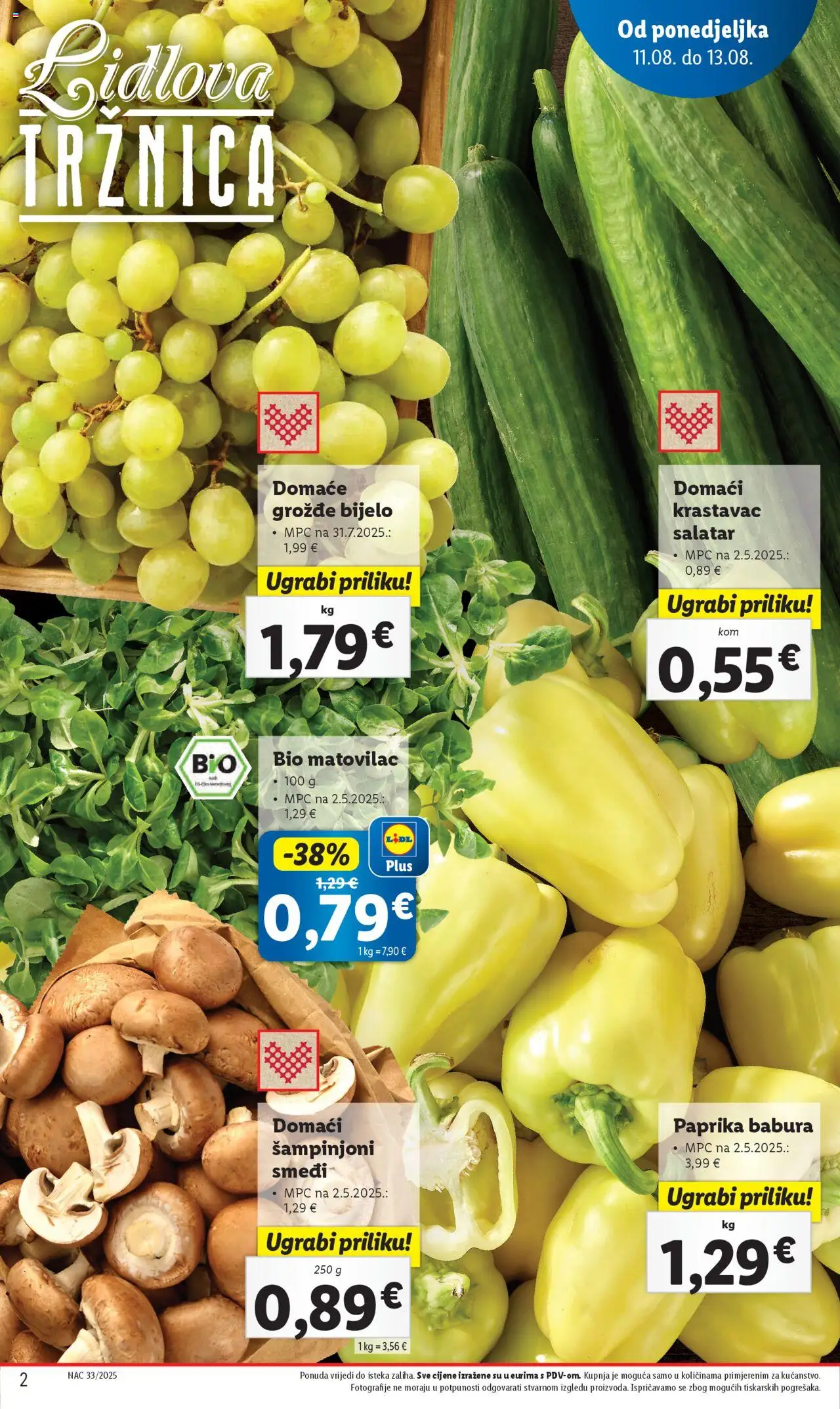 Lidl katalog | vrijedi od 11.08.2025 | Stranica: 2 | Proizvodi: Paprika, Krastavac, Šampinjoni, Grožđe