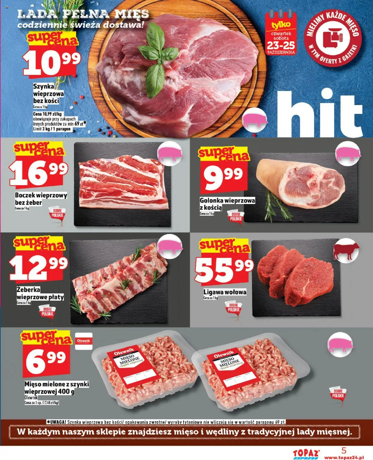 Topaz Gazetka - Express od 23.10.2025 | Strona: 5 | Produkty: Mięso mielone z szynki, Szynka wieprzowa, Mięso mielone, Boczek