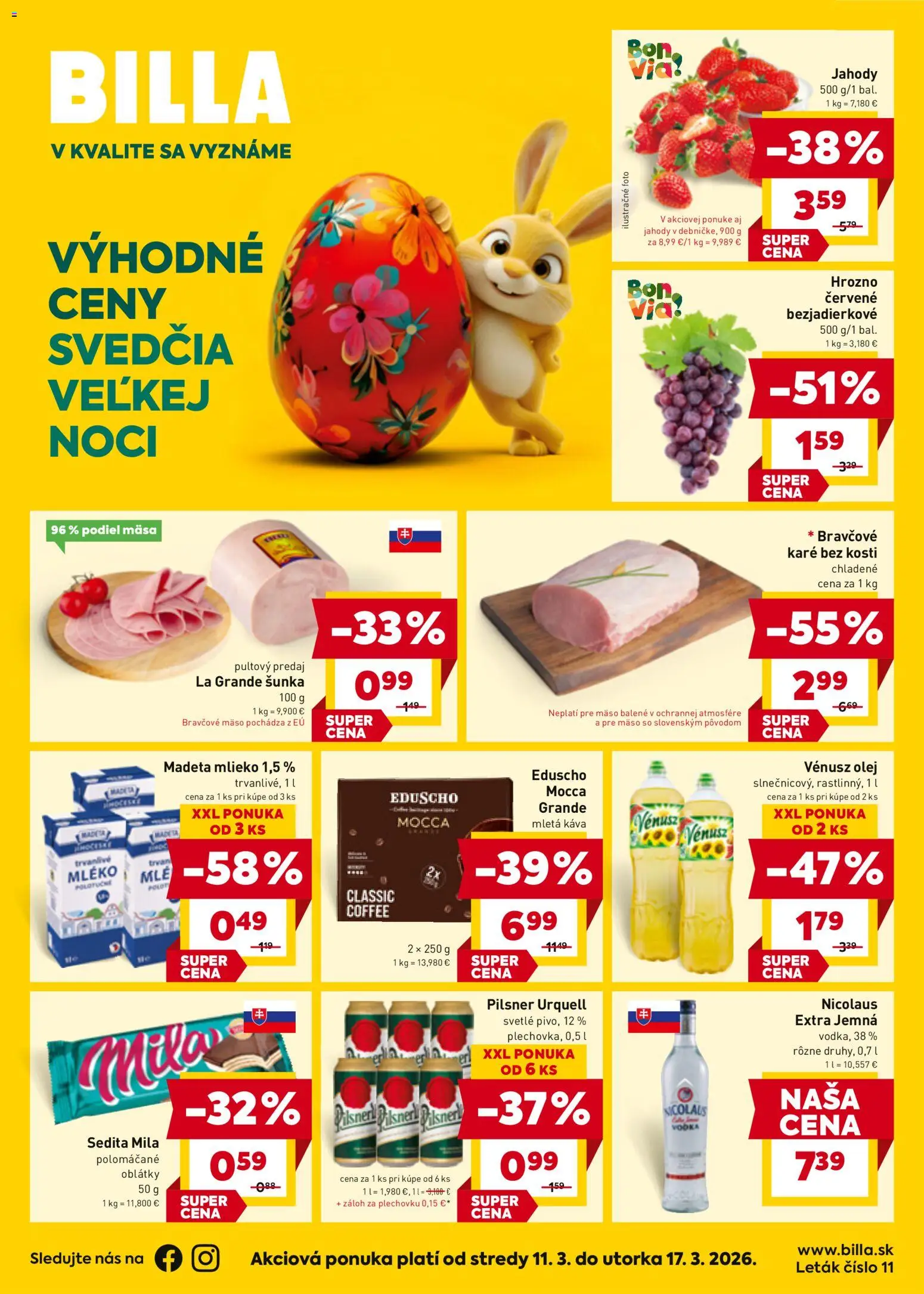 Nové Billa akcie – leták je platný od 11.03.2026 | Strana: 1 | Produkty: Mlieko, Káva, Šunka, Mila