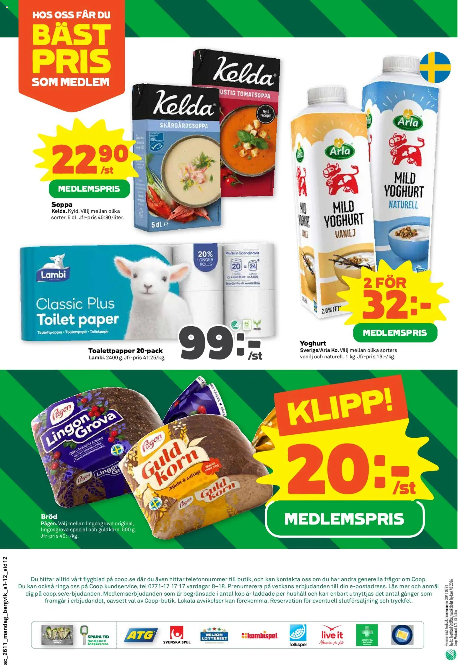 Stora Coop reklamblad aktuell från 09.03.2026 | Sida: 12 | Produkter: Toalettpapper, Lingongrova, Yoghurt, Spel