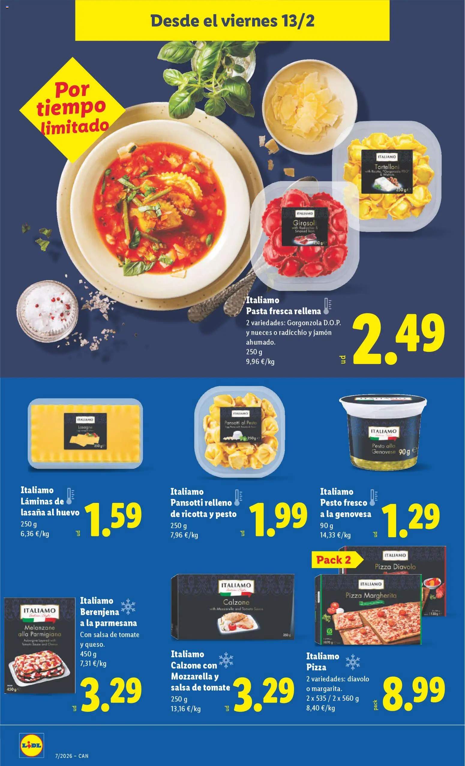 Lidl - Canarias │ válido desde el 09.02.2026 | Página: 34 | Productos: Pizza, Pasta, Salsa de tomate, Lasaña