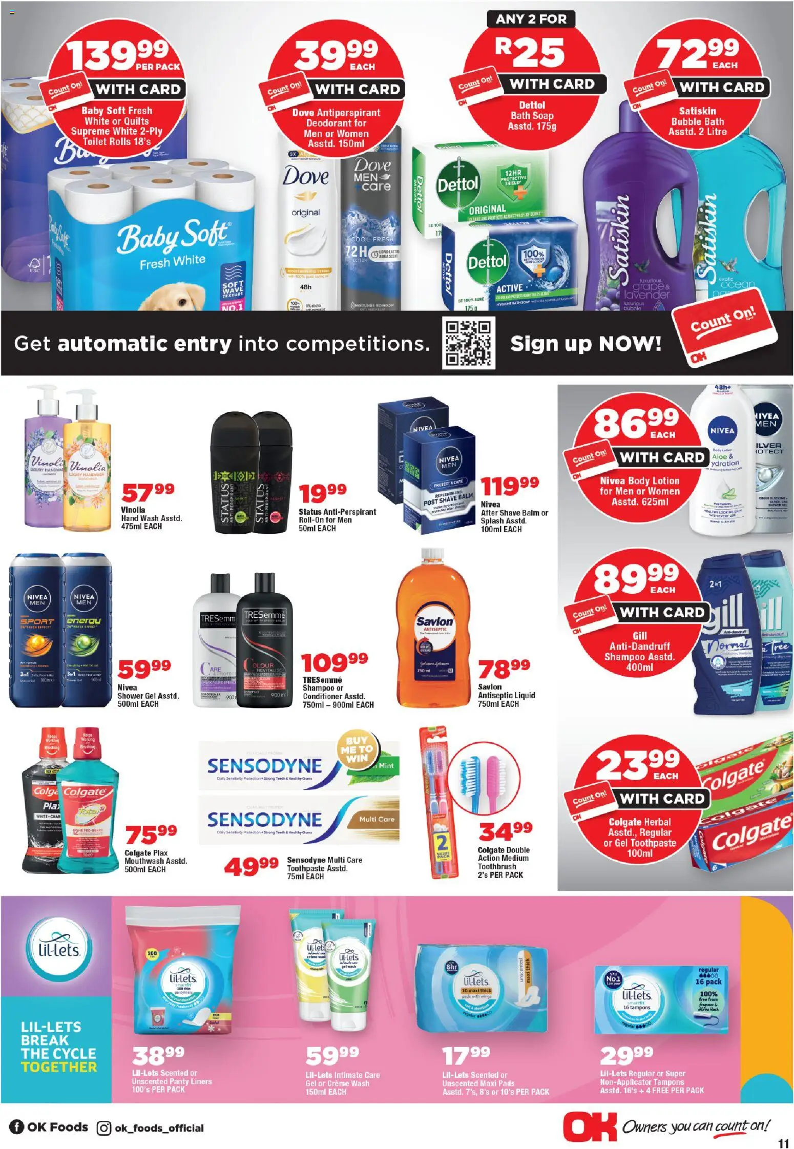 New OK Foods catalogue – valid from 24.10.2025 | Page: 11 | Products: Soap, Panty liners, Toothbrush, Lotion