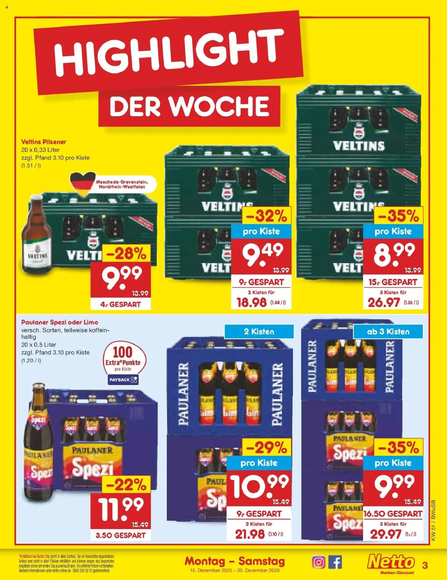 Netto Marken-Discount prospekt Stemwede-Dielingen	 – gültig ab 15.12.2025 | Seite: 3 | Produkte: Paulaner spezi, Paulaner, Veltins