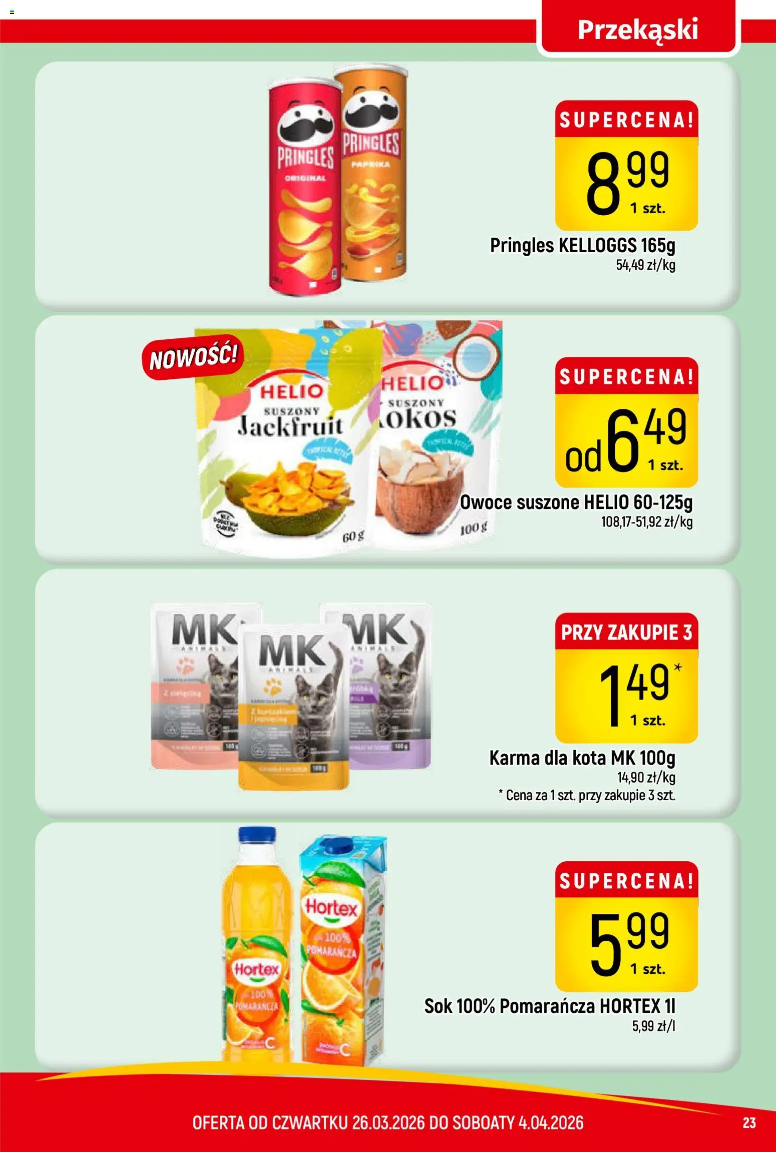 Piotruś Pan gazetka od 26.03.2026 | Strona: 23 | Produkty: Karma dla kota, Sok, Pringles, Owoce