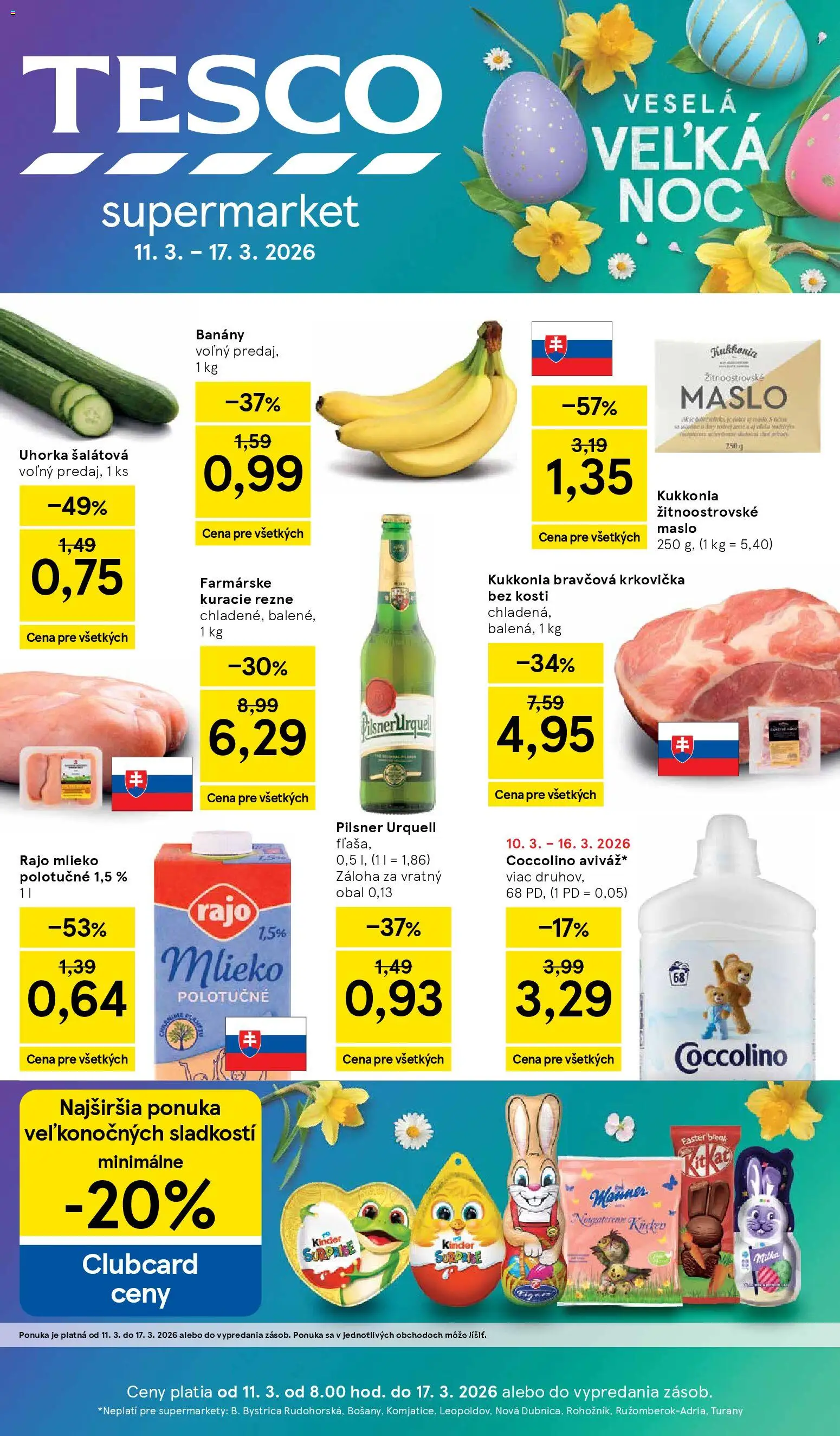 Nové Tesco akcie – leták je platný od 11.03.2026 | Strana: 1 | Produkty: Banány, Kinder, Kuracie rezne, Coccolino