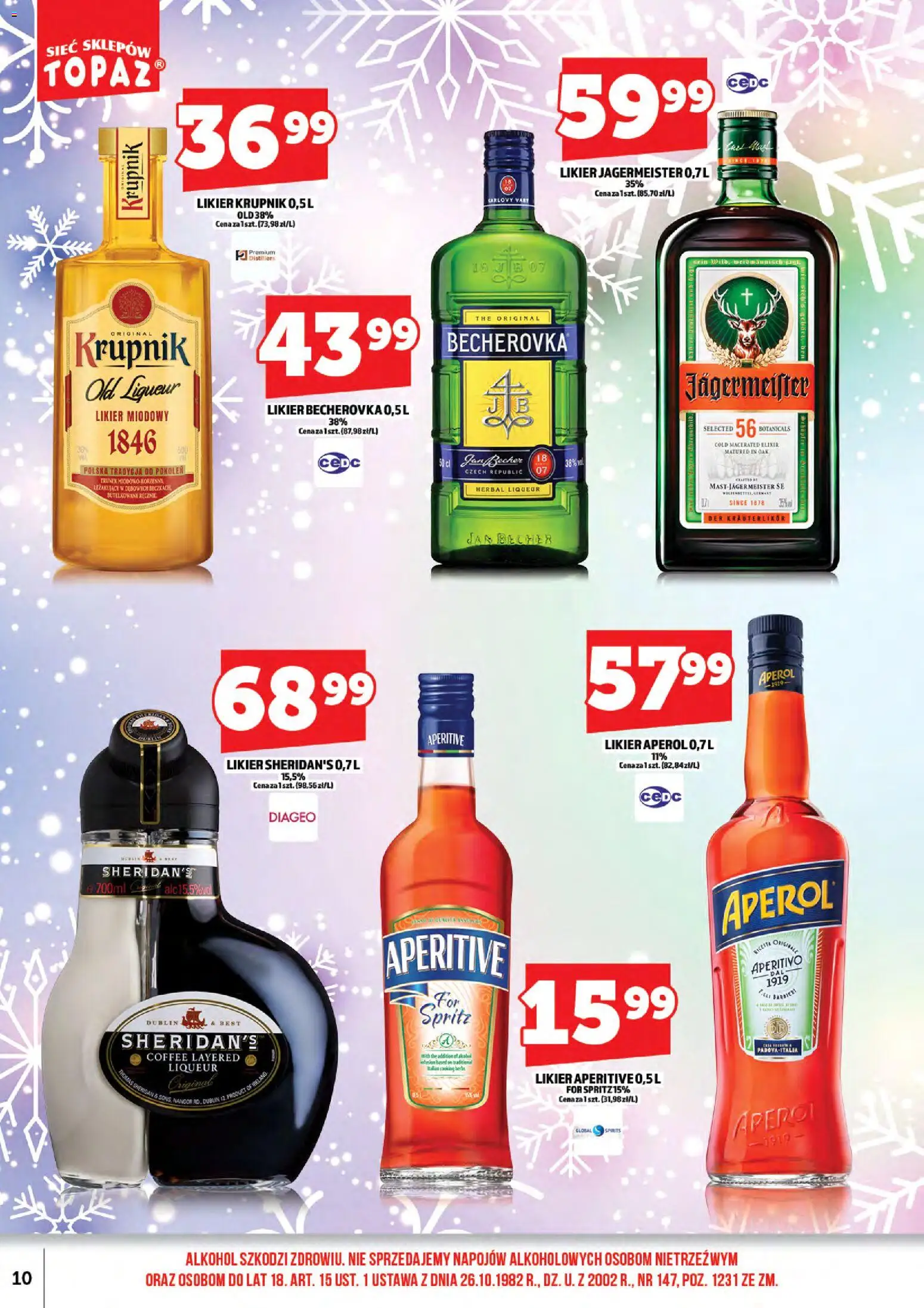 Topaz Gazetka alkoholowa od 16.01.2026 | Strona: 12 | Produkty: Becherovka, Jagermeister, Alkohol, Aperol