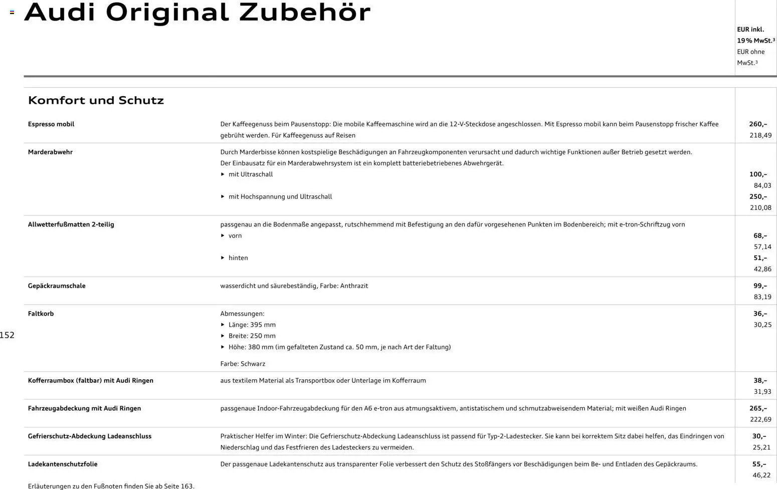 Audi  A6 e-tron – gültig ab 01.10.2025 | Seite: 152 | Produkte: Tasche, Ski, Reisetasche, Handschuhe