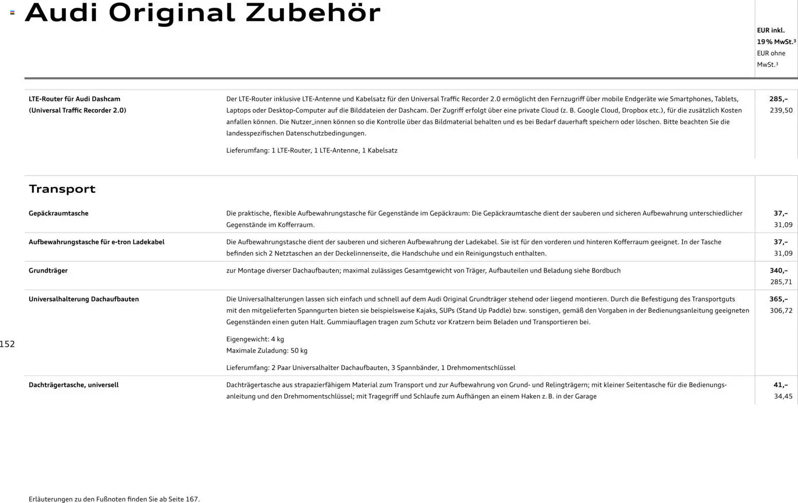 Audi  A6 e-tron – gültig ab 01.10.2025 | Seite: 152 | Produkte: Tasche, Ski, Ladekabel, Handschuhe