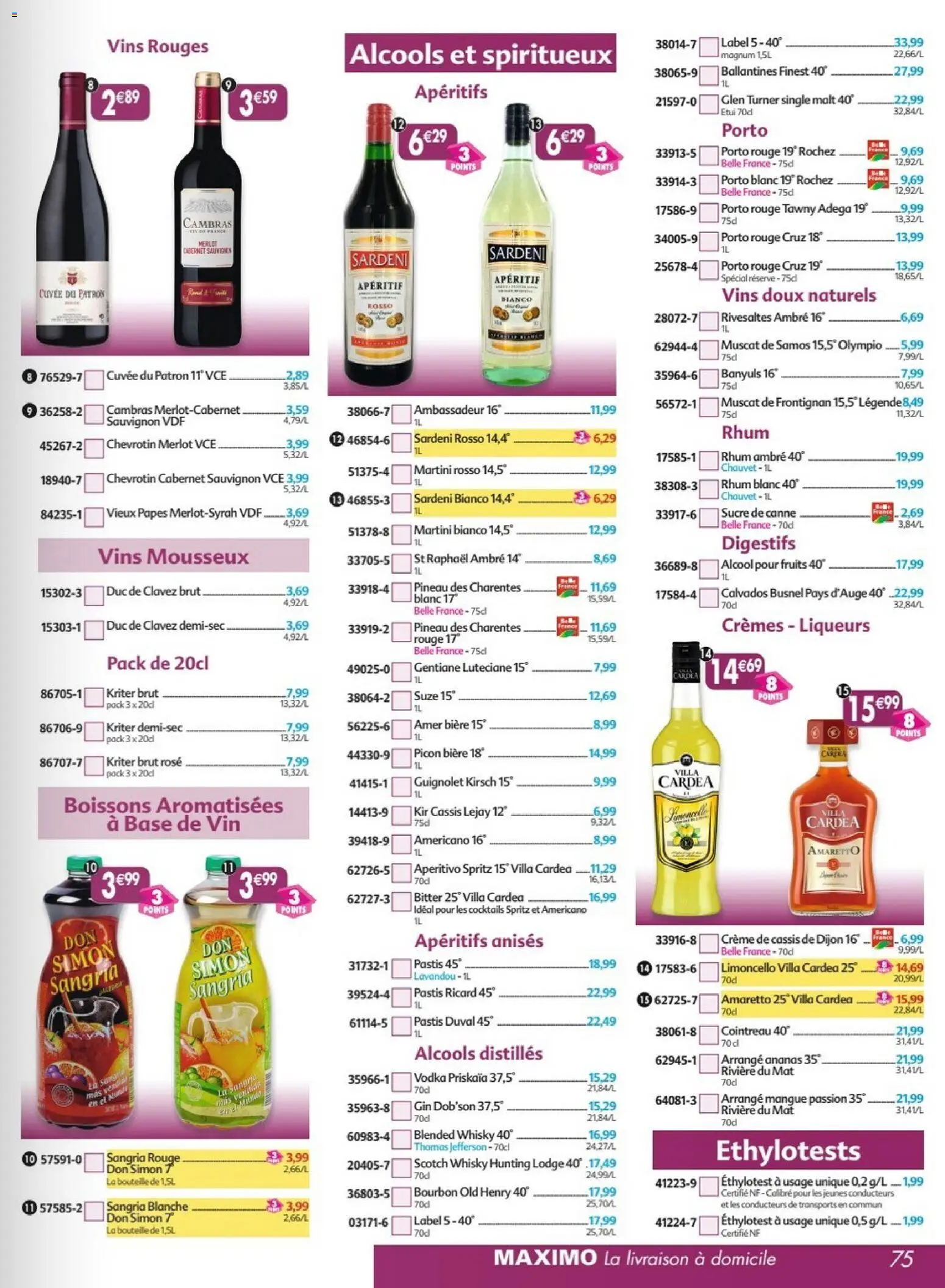 {H1} | Page: 75 | Produits: Pastis, Alcools, Picon biere, Bourbon