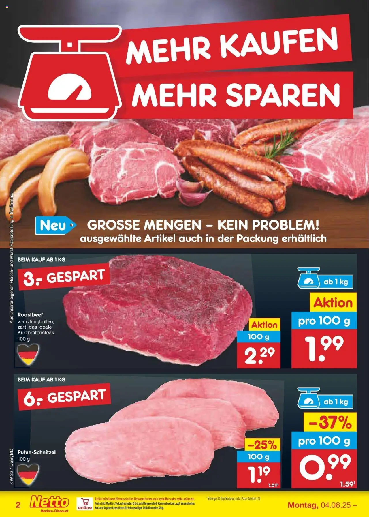 Netto Marken-Discount prospekt Buttenwiesen	 - gültig ab dem 04.08.2025 | Seite: 15 | Produkte: Roastbeef, Putenschnitzel, Fleisch