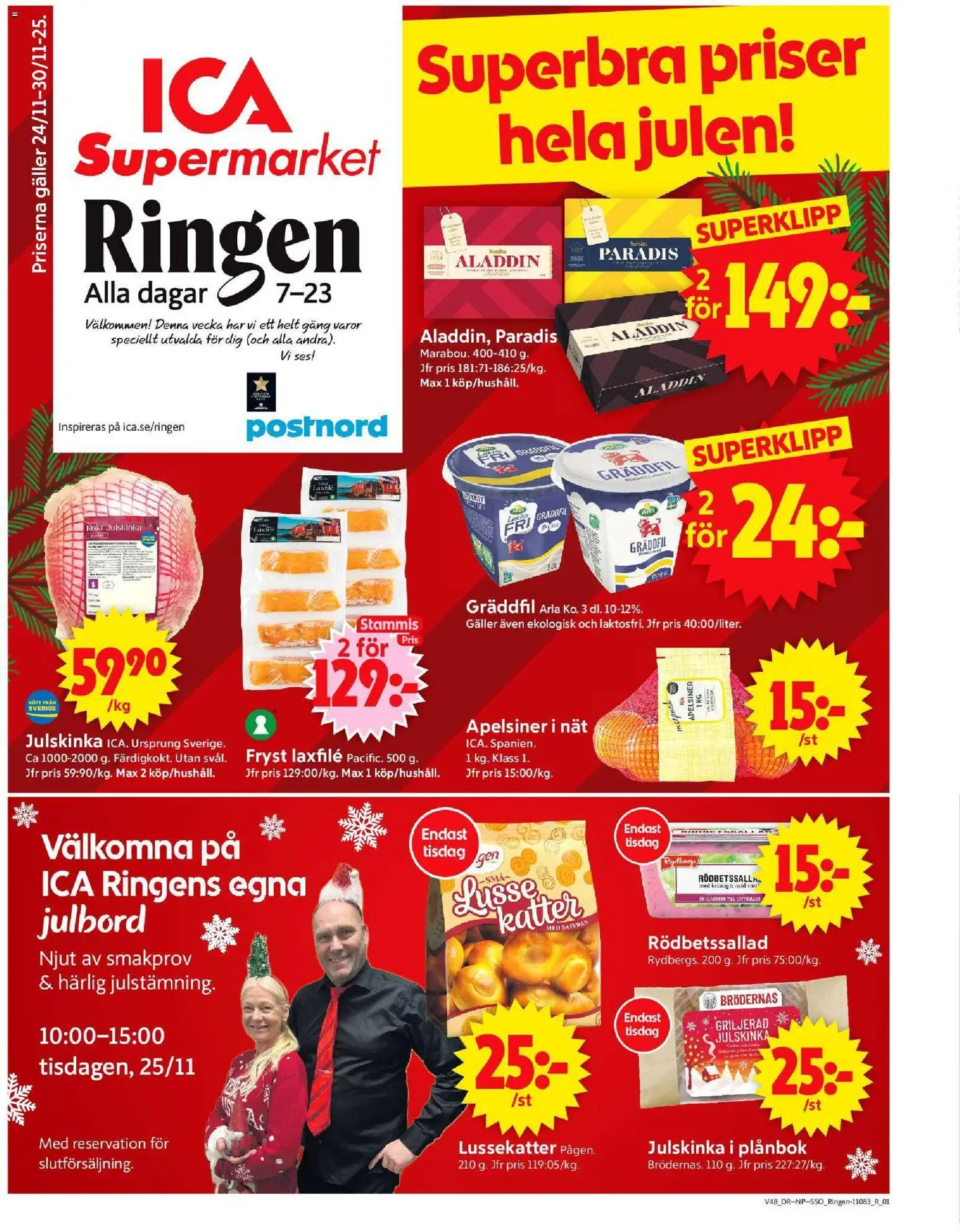 ICA Supermarket reklamblad aktuell från 24.11.2025 | Sida: 1 | Produkter: Rödbetssallad, Saffran, Apelsiner, Plånbok