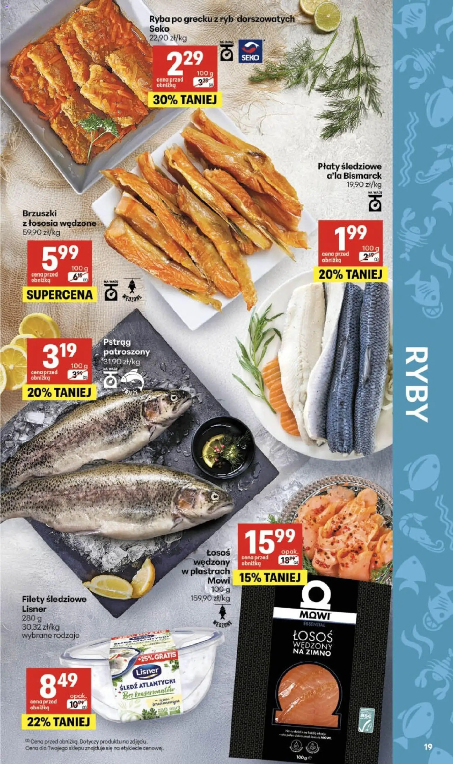 Delikatesy Centrum gazetka od 05.03.2026 | Strona: 19 | Produkty: Łosoś wędzony, Pstrąg, Brzuszki z łososia, Ryba