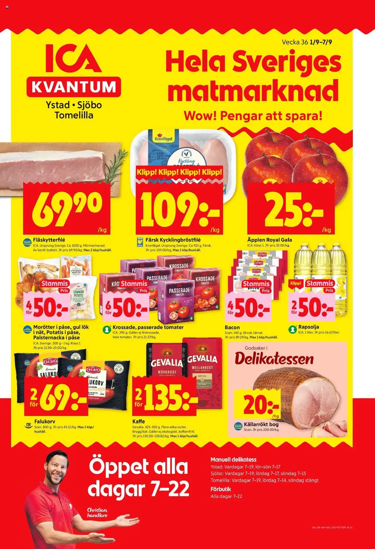 ICA Kvantum reklamblad aktuell från 01.09.2025 | Sida: 1 | Produkter: Bacon, Falukorv, Rapsolja, Tomater