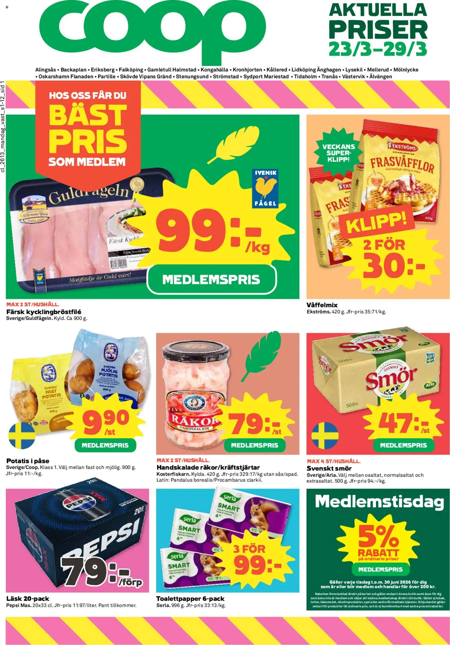 Coop reklamblad aktuell från 23.03.2026 | Sida: 1 | Produkter: Toalettpapper, Galler, Pepsi, Potatis