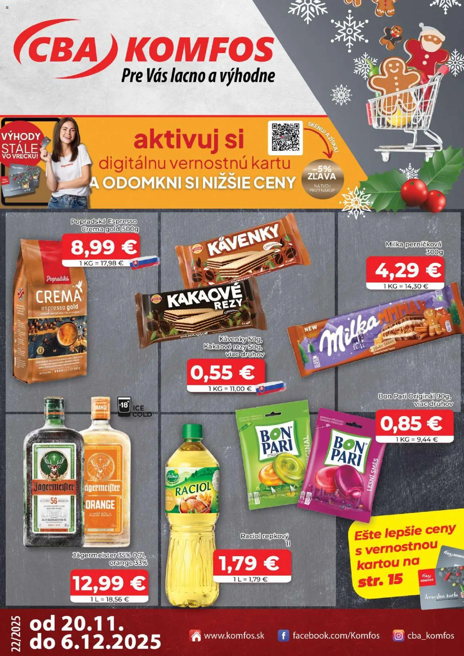 Nové CBA Komfos akcie – leták je platný od 20.11.2025 | Strana: 1 | Produkty: Jägermeister, Milka