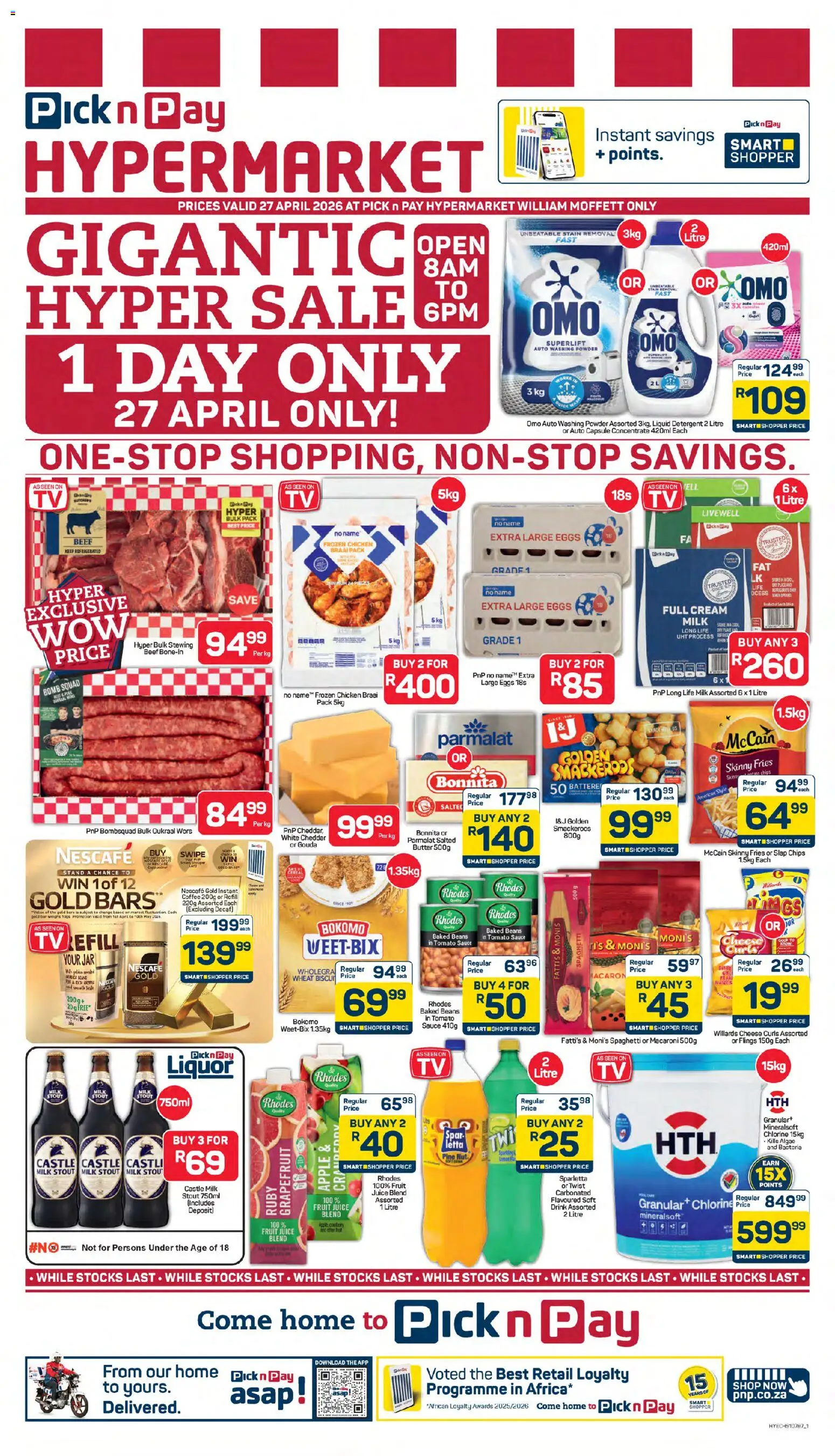 New Pick n Pay catalogue – valid from 27.04.2026 | Page: 1 | Products: Beans, Milk, Coffee, Chips