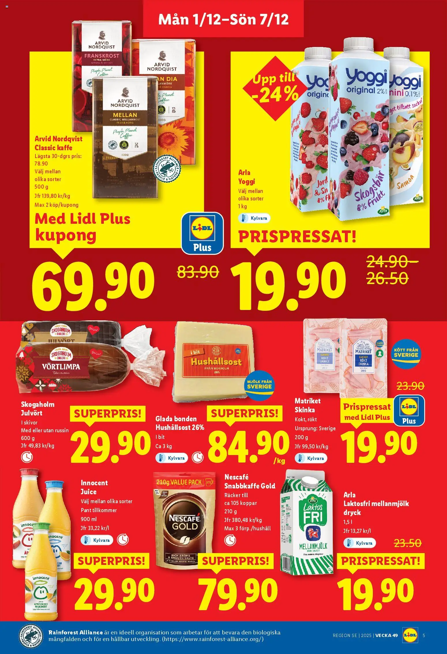 Lidl reklamblad aktuell från 01.12.2025 | Sida: 5 | Produkter: Hushållsost, Kaffe, Juice, Yoggi