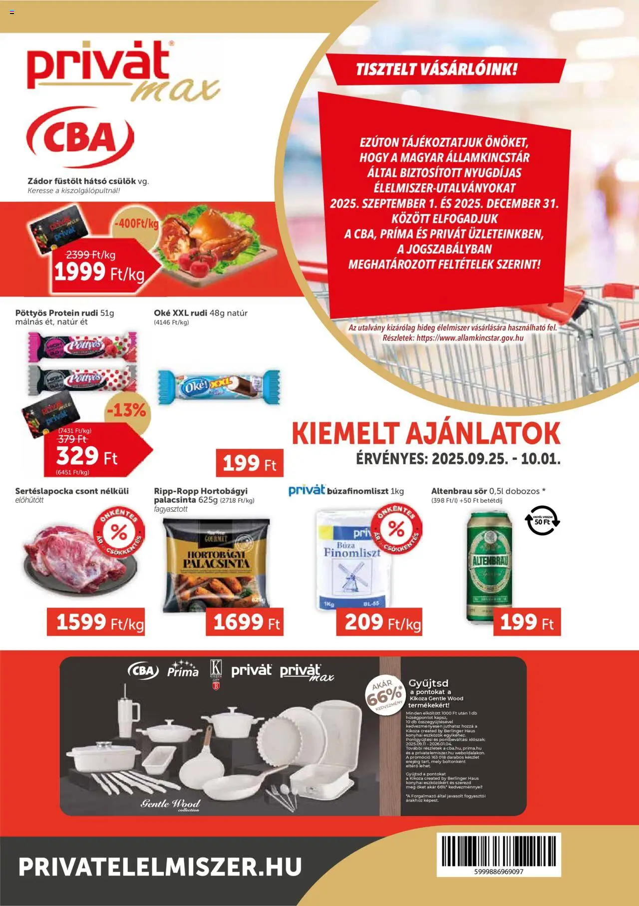 PRIVÁT akciós ujság - amely érvényes a következő dátumtól: 25.09.2025 | Oldal: 1 | Termékek: Sertéslapocka, Protein, Sör