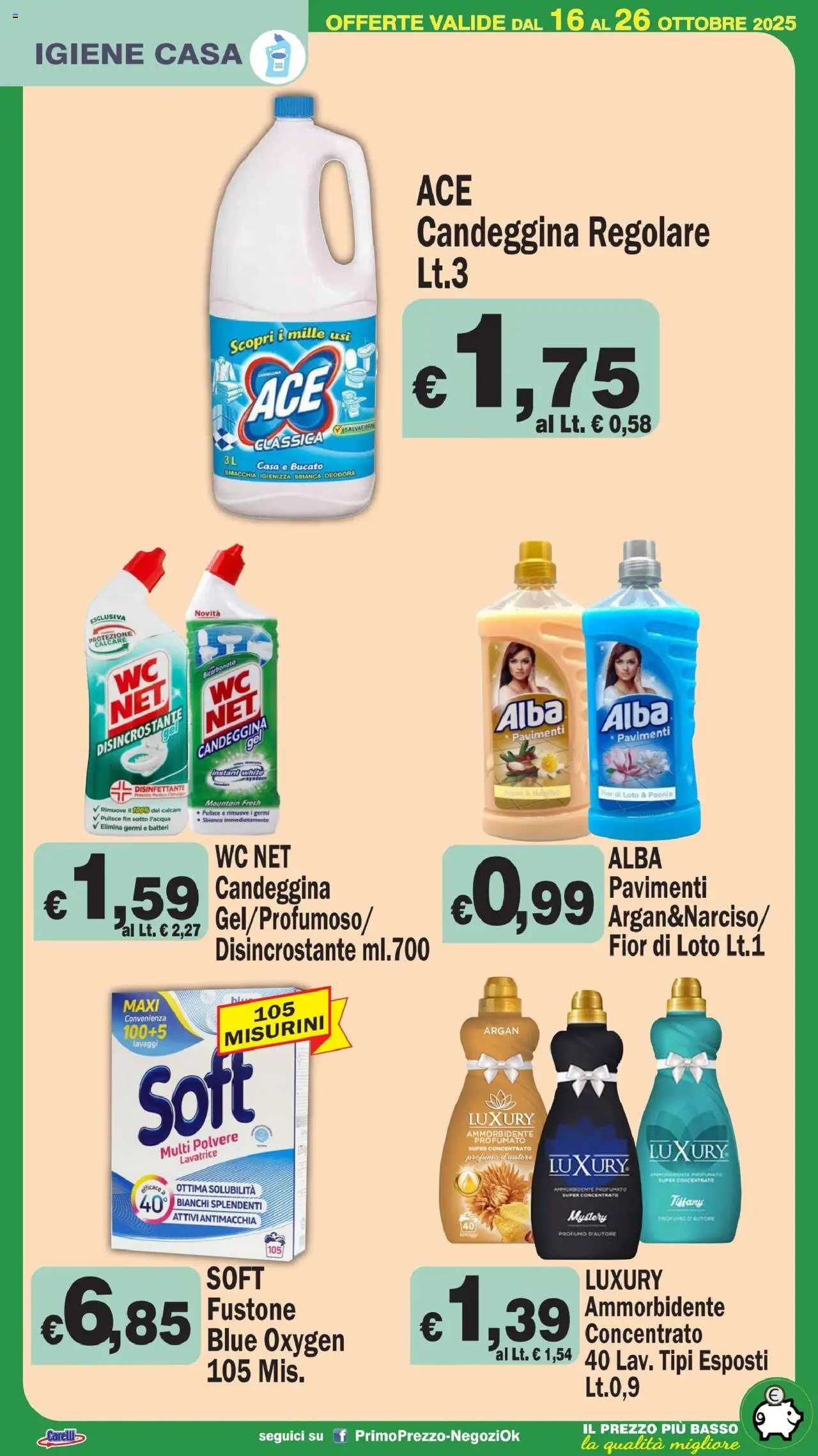 Volantino Primo Prezzo del 16.10.2025 | Pagina: 21 | Prodotti: Ammorbidente, Candeggina, Bicarbonato, Profumo