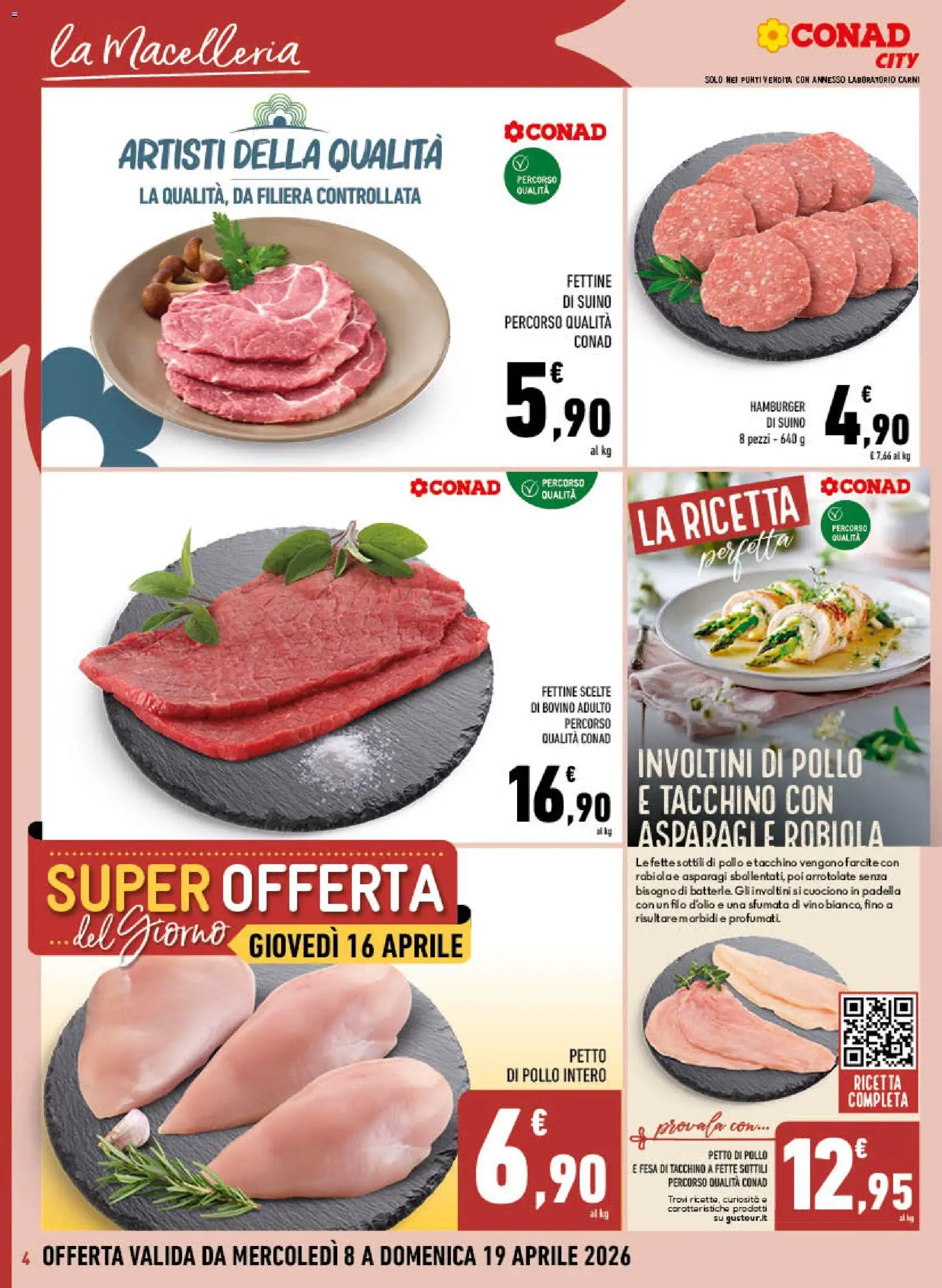Volantino Conad del 08.04.2026 | Pagina: 4 | Prodotti: Bovino, Suino, Asparagi, Hamburger