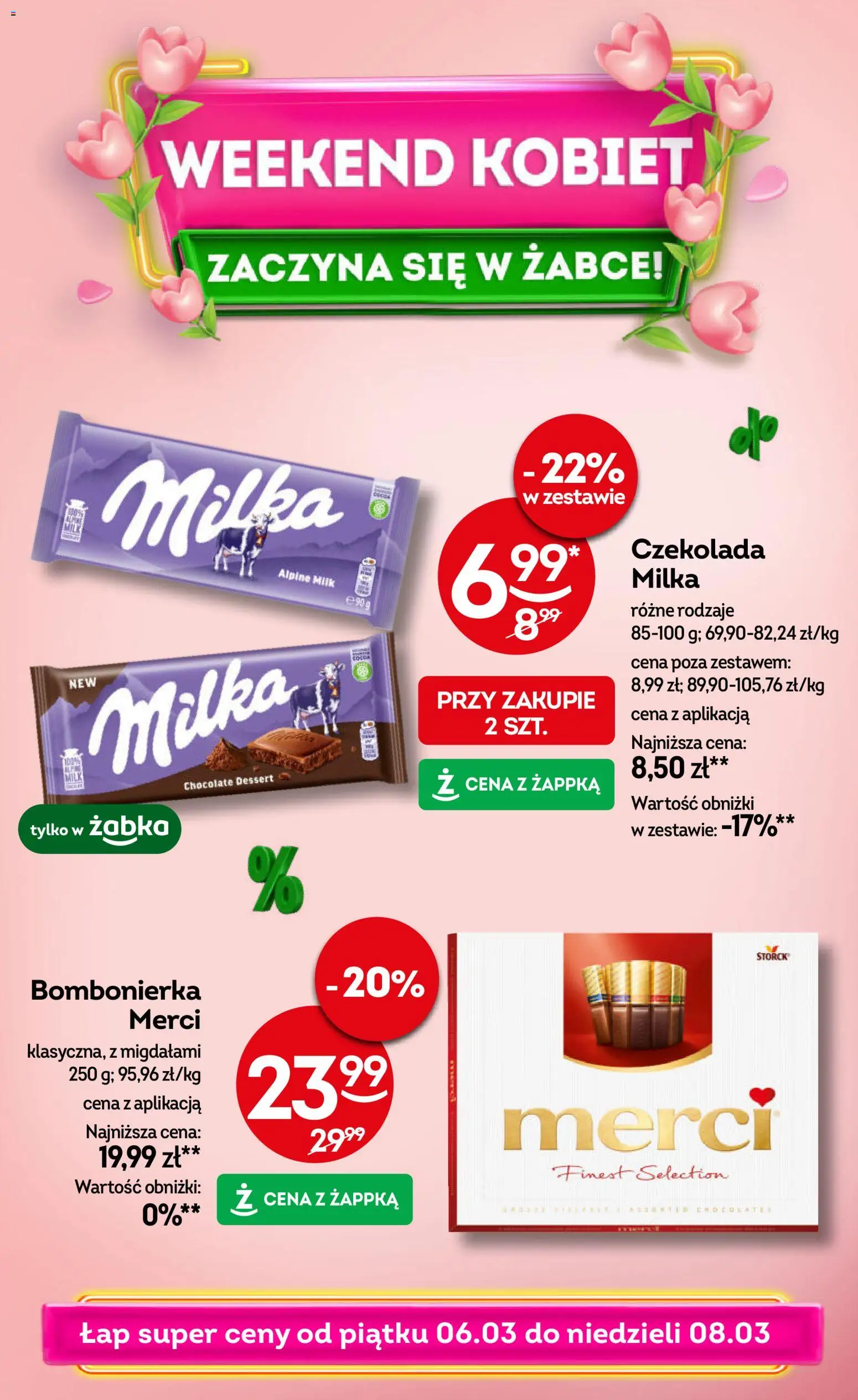 Żabka gazetka - Weekendowe promocje od 06.03.2026 | Strona: 1 | Produkty: Bombonierka, Merci, Milka, Czekolada
