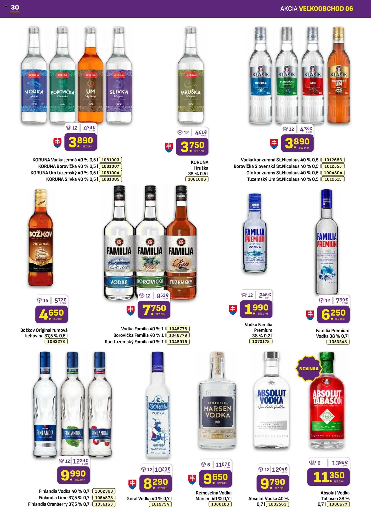 Nové Libex akcie – leták je platný od 16.03.2026 | Strana: 30 | Produkty: Borovička, Gin, Absolut vodka, Finlandia