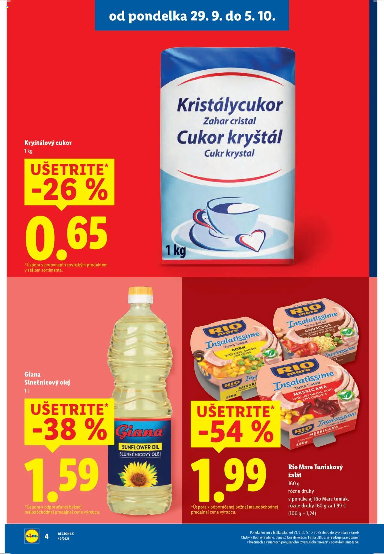 Nové Lidl akcie – leták je platný od 29.09.2025 | Strana: 4 | Produkty: Rio Mare, Kryštálový cukor, Slnečnicový olej, Šalát