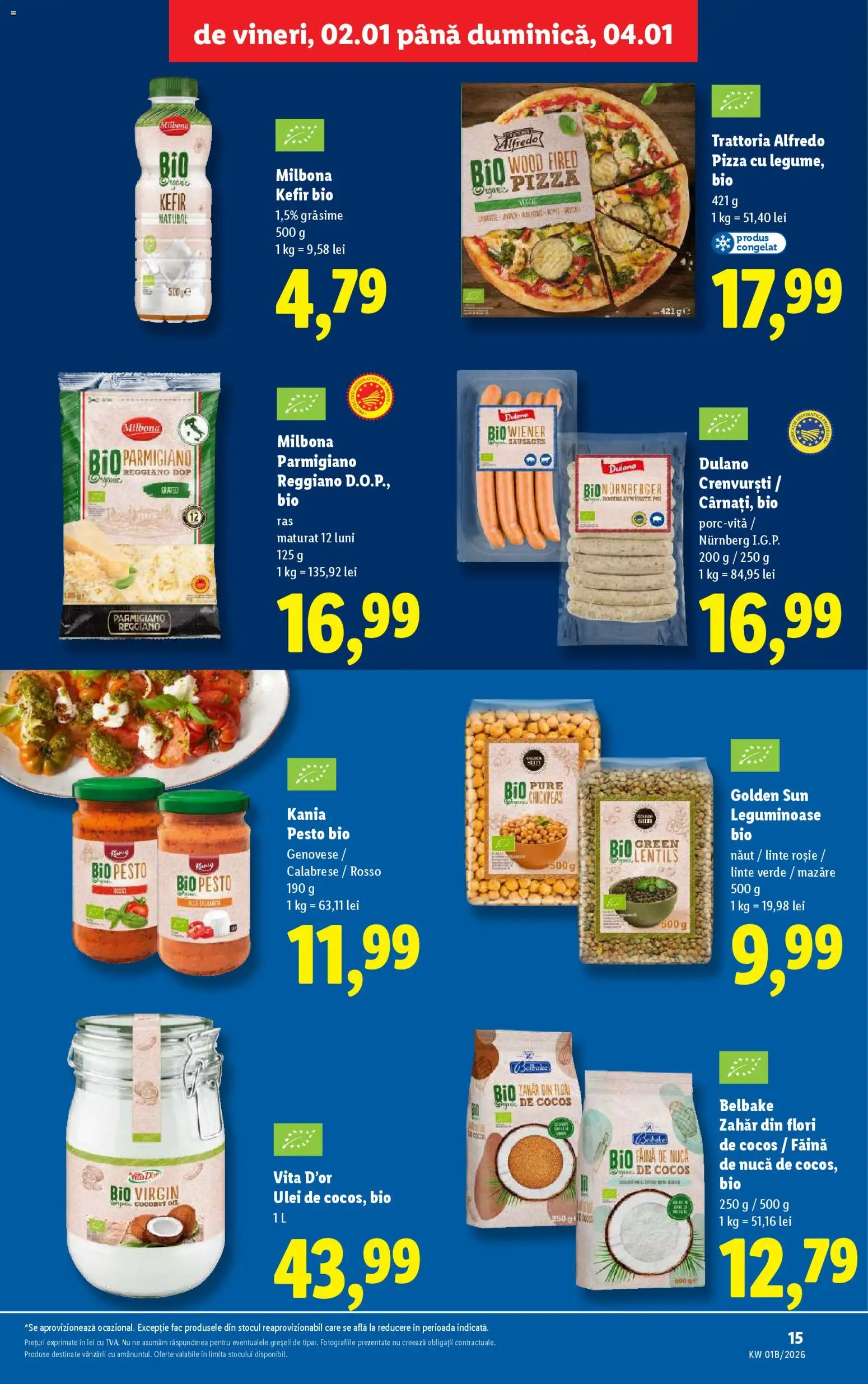 Noul catalog Lidl – valabil de la 02.01.2026 | Pagină: 15 | Produse: Şerit ödül, Crenvurști, Pizza, Zahăr