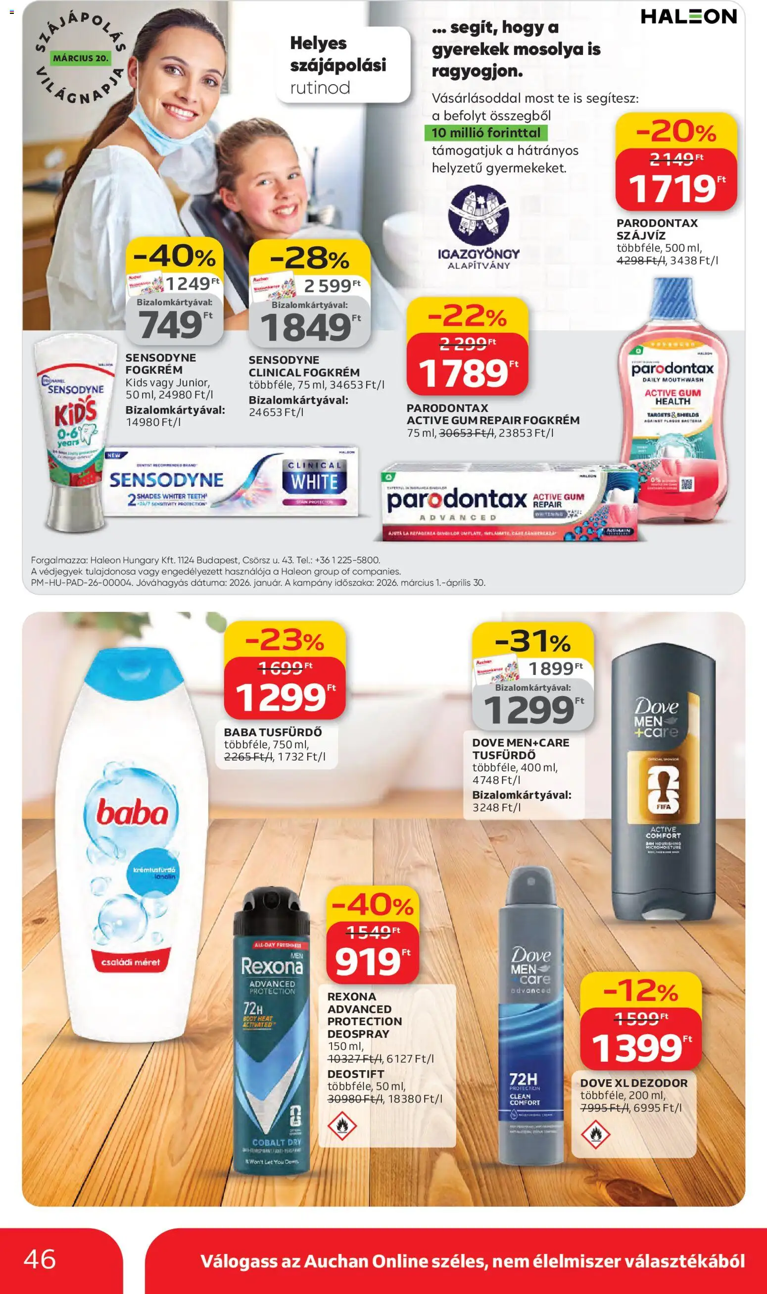 Auchan akciós ujság - amely érvényes a következő dátumtól: 05.03.2026 | Oldal: 46 | Termékek: Body, Dezodor, Fogkrém, Szájvíz