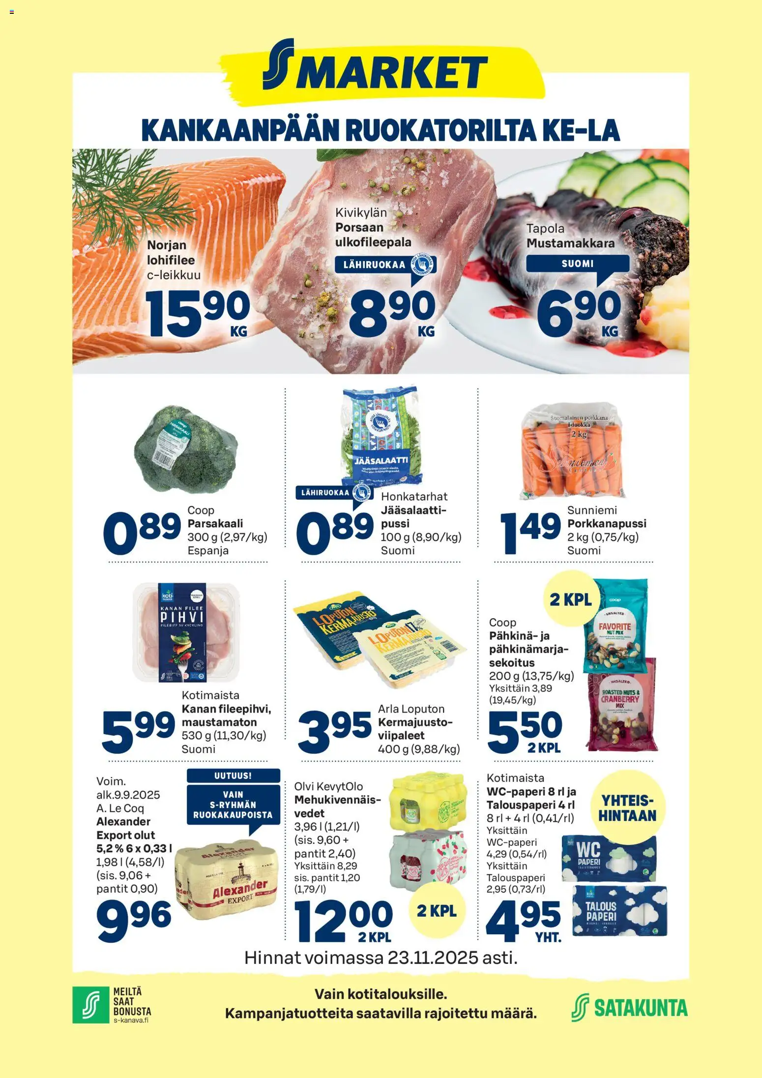 S-market Kankaanpää – voimassa 19.11.2025 alkaen | Sivu: 1 | Tuotteet: Kermajuusto, Paperi, Olut, Porkkana