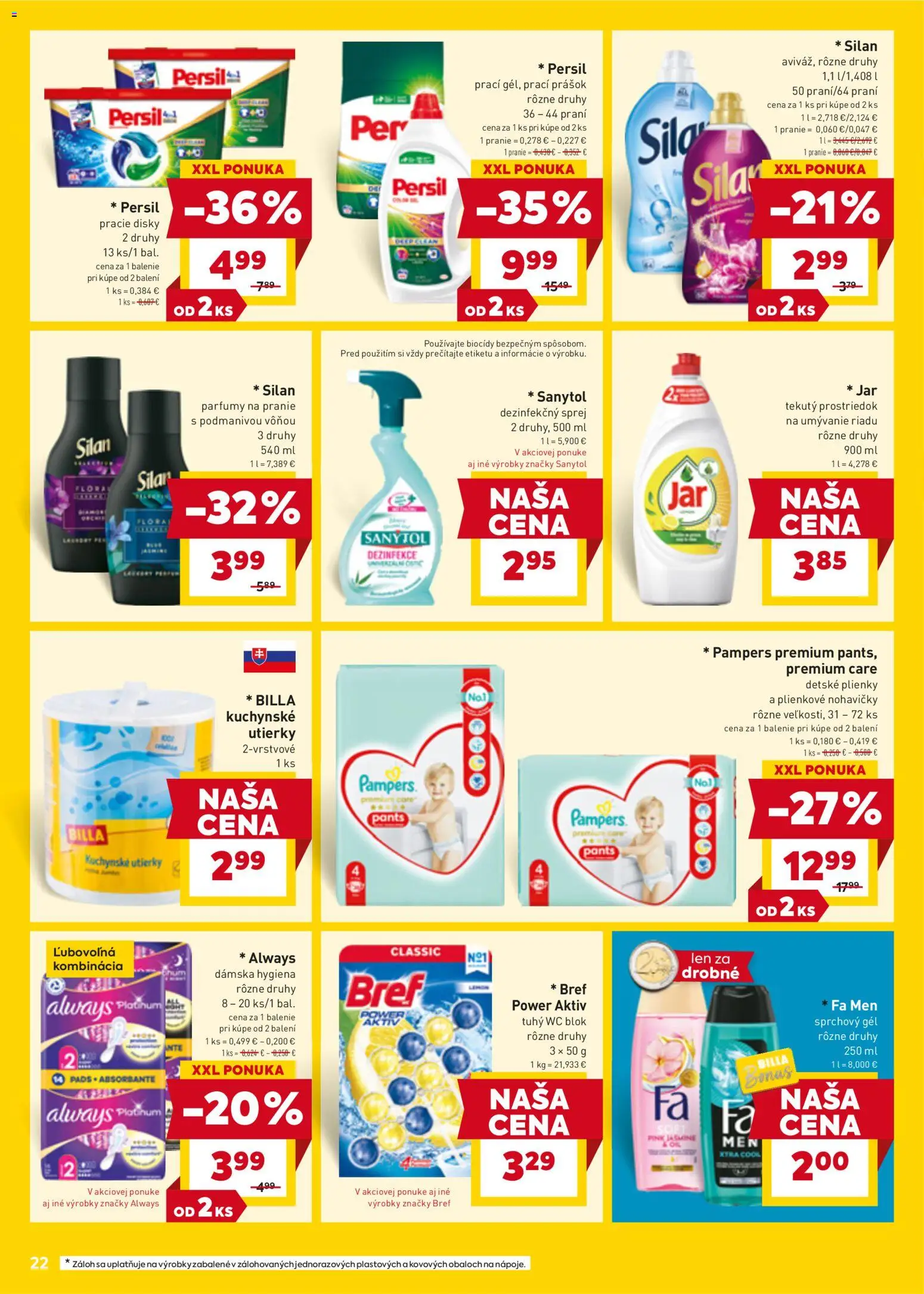 Nové Billa akcie – leták je platný od 07.04.2026 | Strana: 24 | Produkty: Prací prášok, Silan, Sprchový gél, Wc blok