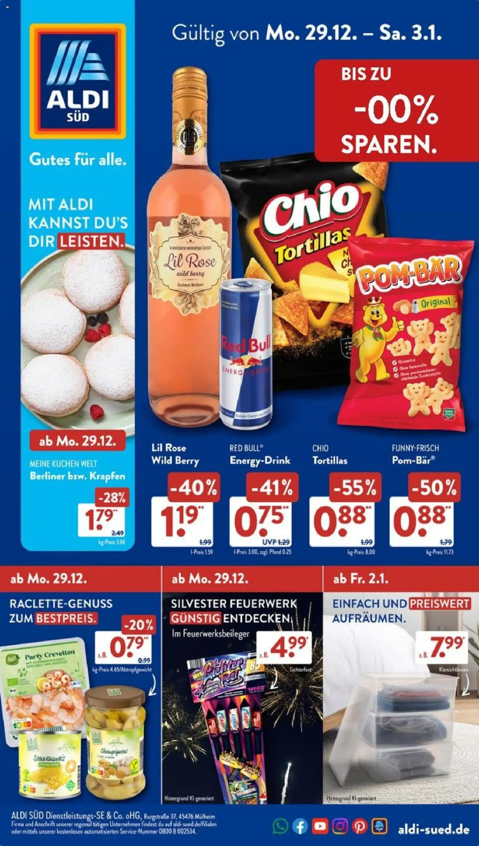 Aldi Süd Prospekt 	 – gültig ab 29.12.2025 | Seite: 1 | Produkte: Berliner, Red bull, Kuchen