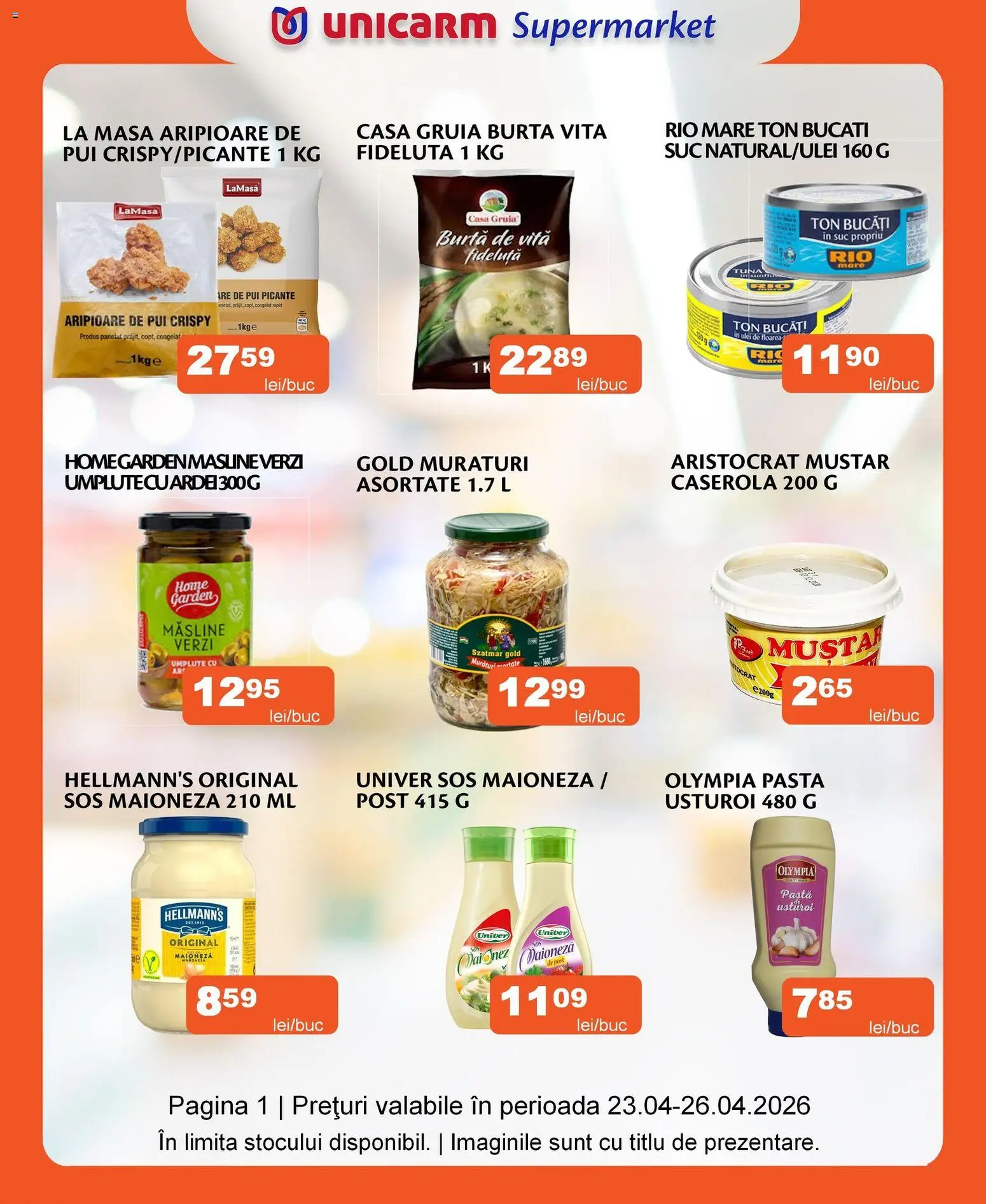 Noul catalog Unicarm – valabil de la 23.04.2026 | Pagină: 1 | Produse: Masă, Ardei, Muștar, Maioneză