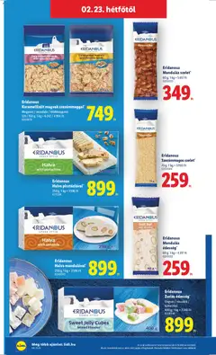 Eridanous Mandulás édesség*, 60 g; 1 kg = 4317 Ft - amely érvényes a következő dátumtól: 19.02.2026 | Oldal: 56 | Termékek: Édesség, Mogyoró, Mandula, Földimogyoró