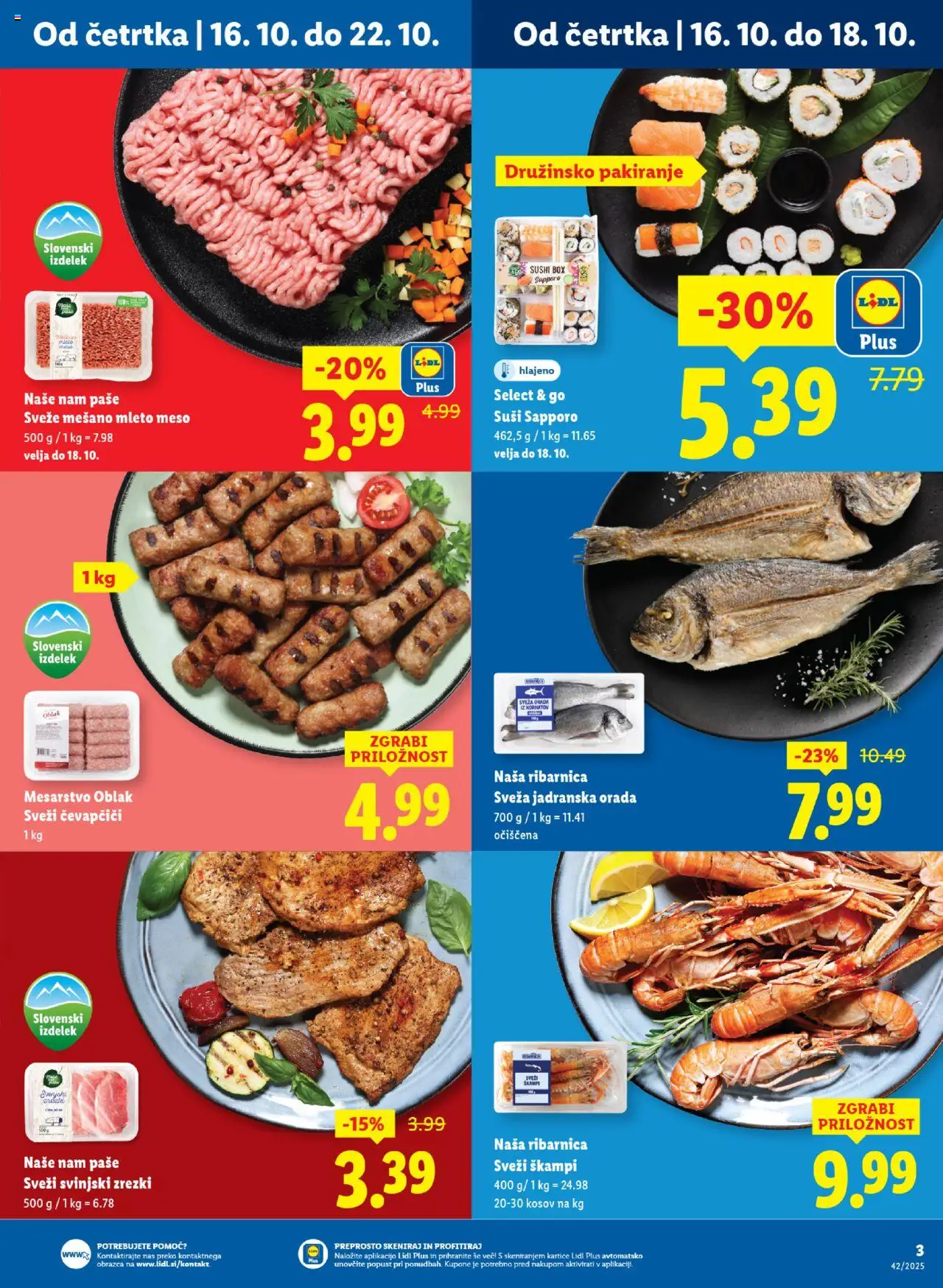 Novi Lidl katalog ponudbe – veljaven od 16.10.2025 | Stran: 3 | Izdelki: Čevapčiči, Suši, Zrezki, Orada