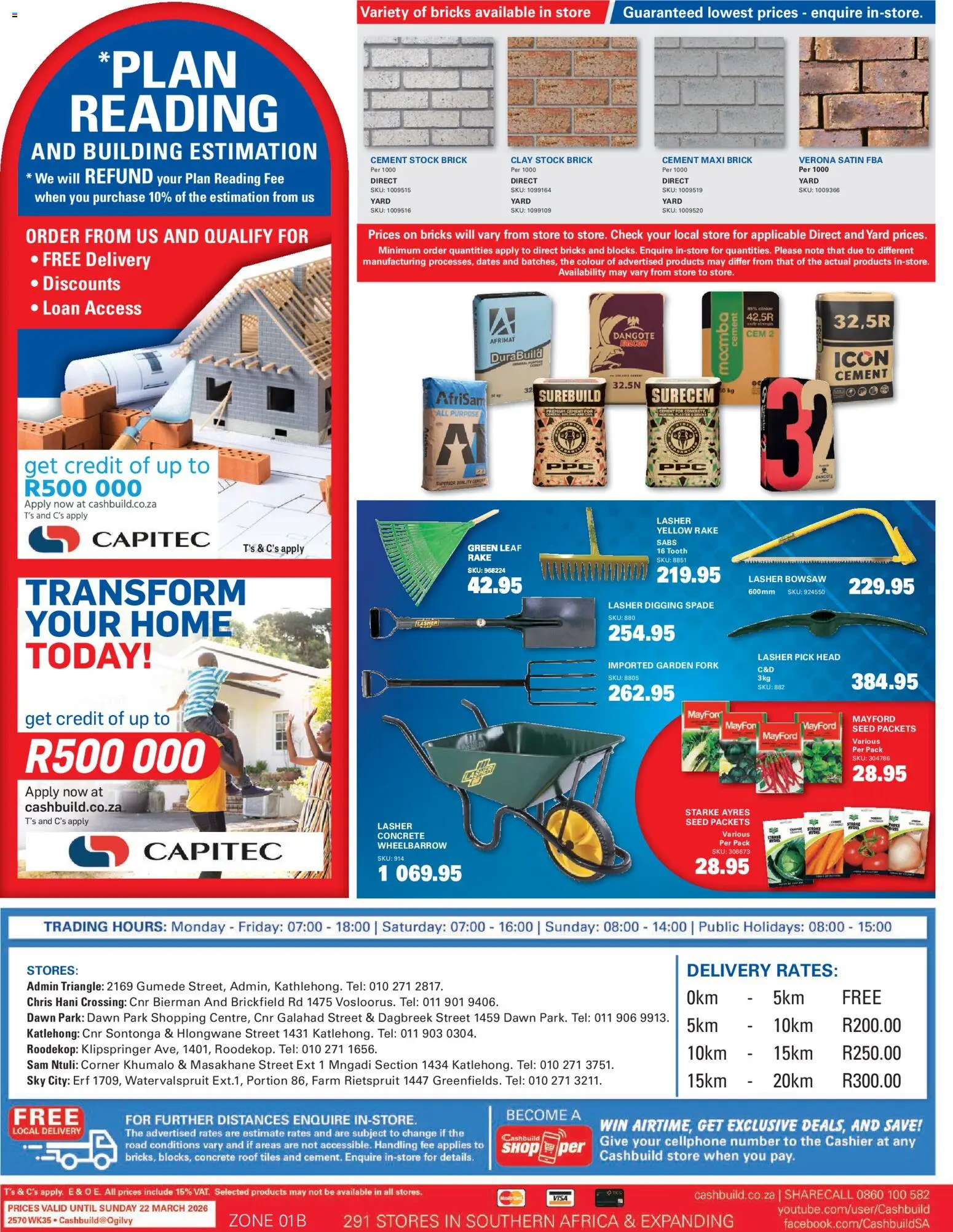 New Cashbuild catalogue – valid from 23.02.2026 | Page: 4 | Products: Wheelbarrow, Spade, Garden fork, Cement