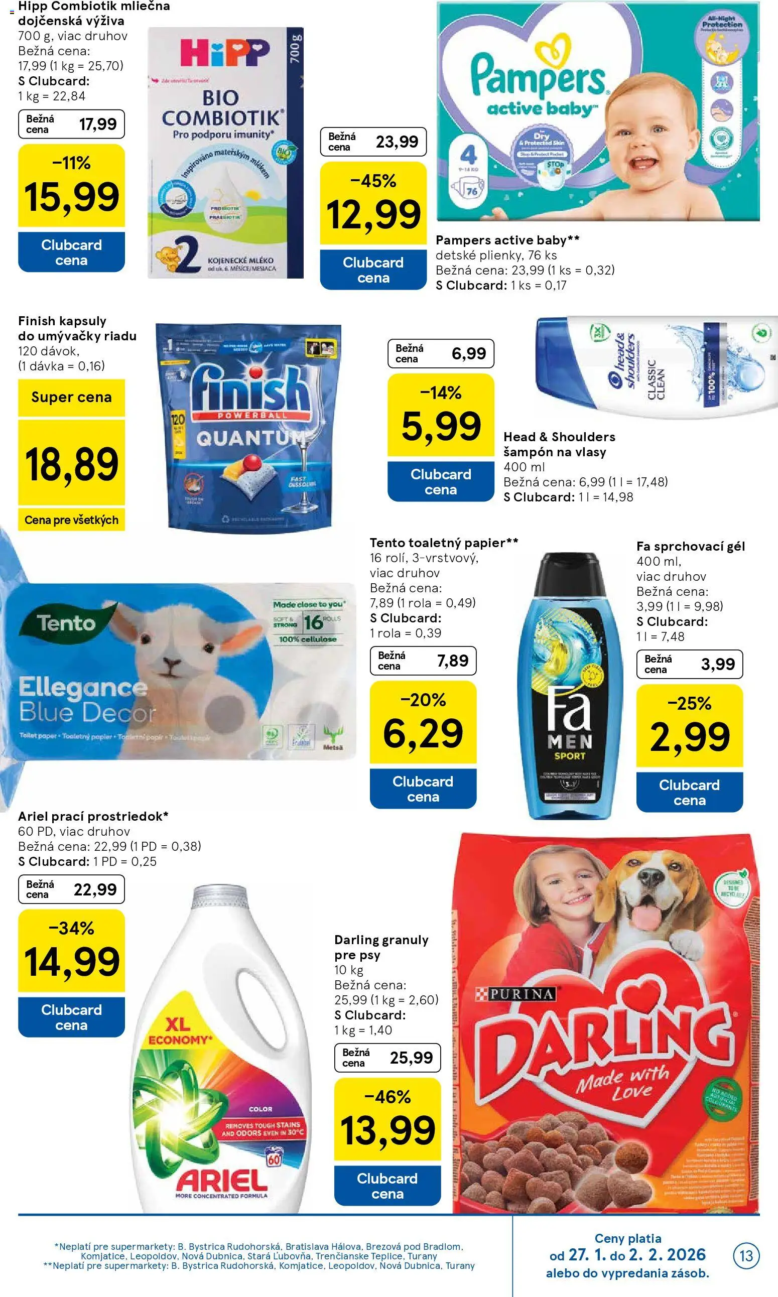 Nové Tesco akcie – leták je platný od 28.01.2026 | Strana: 13 | Produkty: Toaletný papier, Kapsuly do umývačky riadu, Head & Shoulders, Pampers